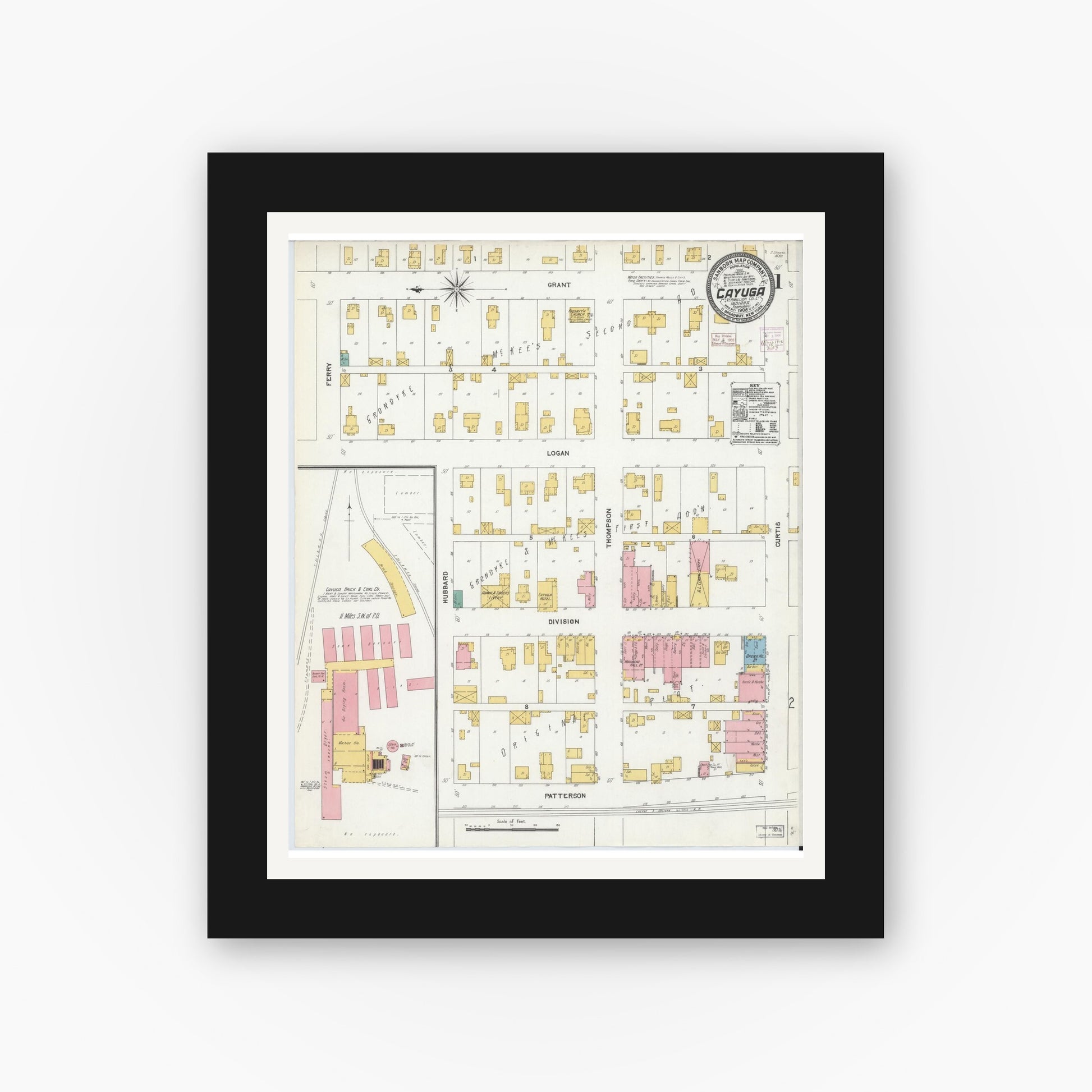 Old map wall art mockup — black gallery frame with white mat — Sanborn Fire Insurance Map from Cayuga, Vermillion County, Indiana (1906) - Complete Map Set