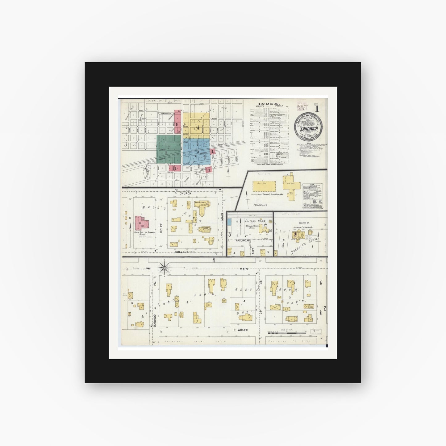 Old map wall art mockup — black gallery frame with white mat — Sanborn Fire Insurance Map from Sandwich, De Kalb County, Illinois (1902) - Complete Map Set