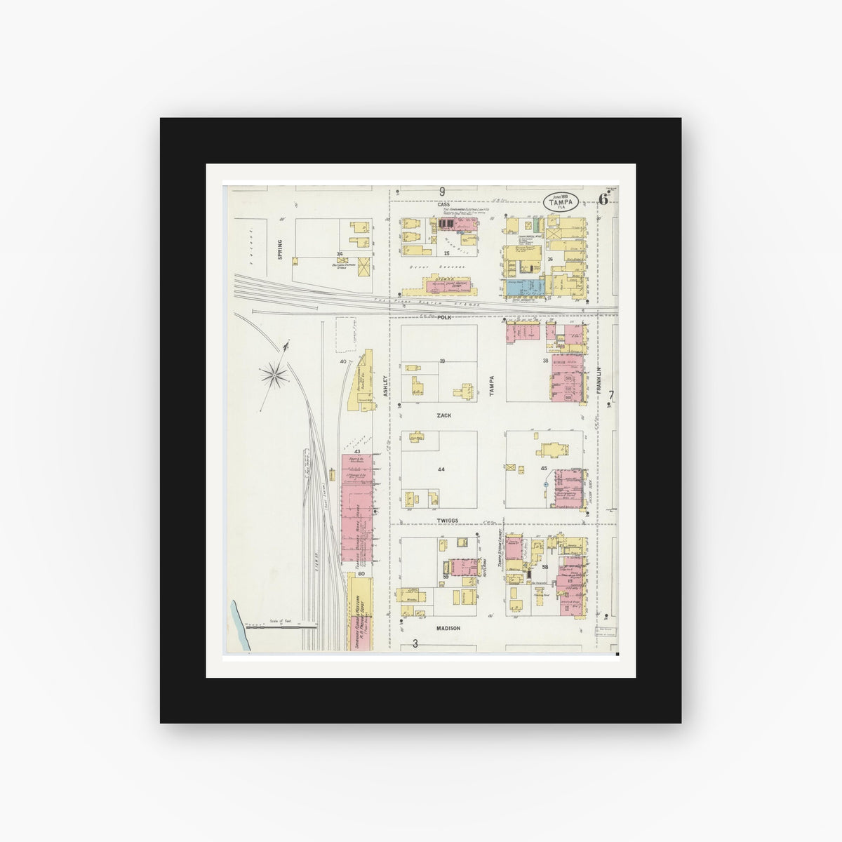 Old map wall art mockup — black gallery frame with white mat — Sanborn Fire Insurance Map from Tampa, Hillsborough County, Florida (1899), Sheet #0006