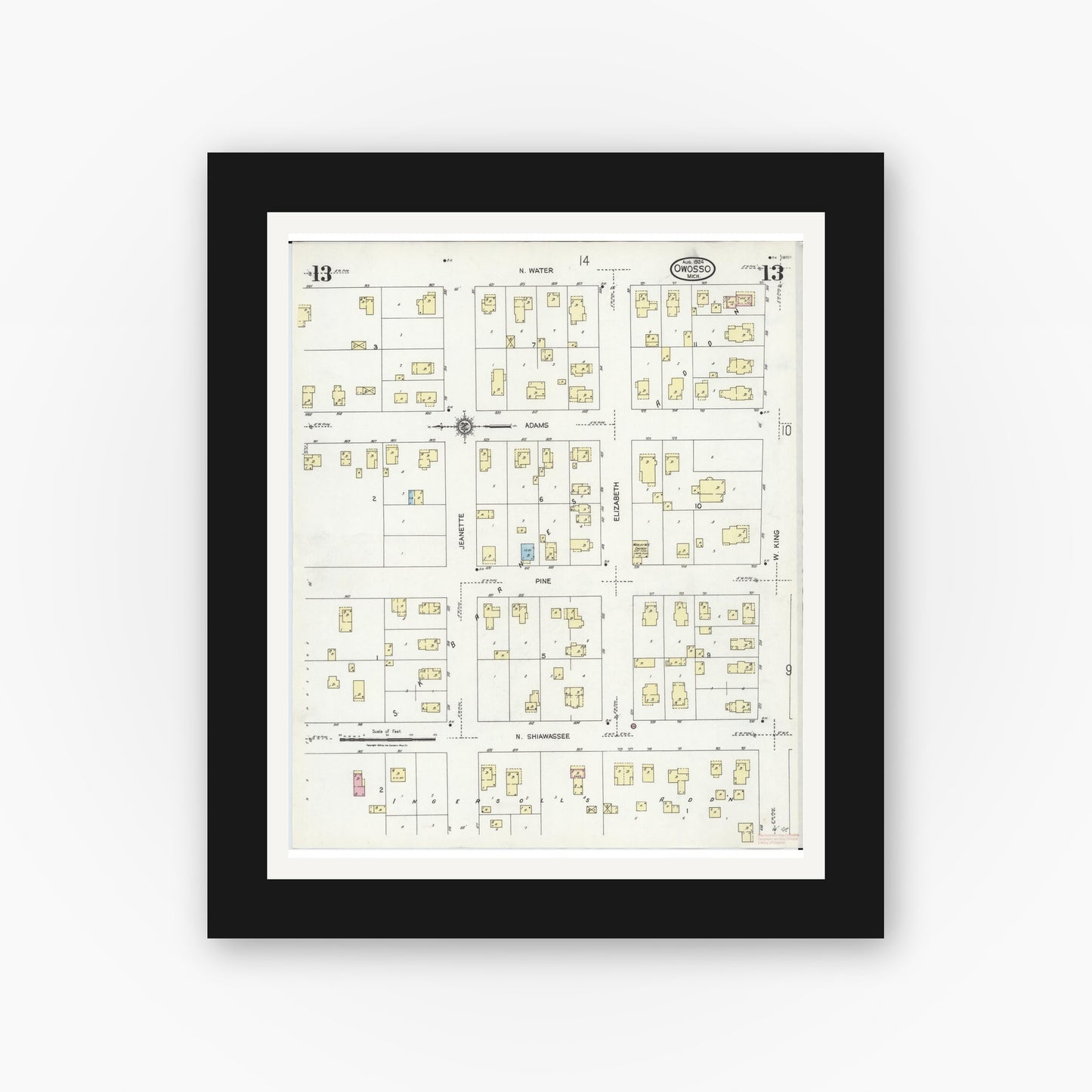 Old map wall art mockup — black gallery frame with white mat — Sanborn Fire Insurance Map from Owosso, Shiawassee County, Michigan (1924), Sheet #0013