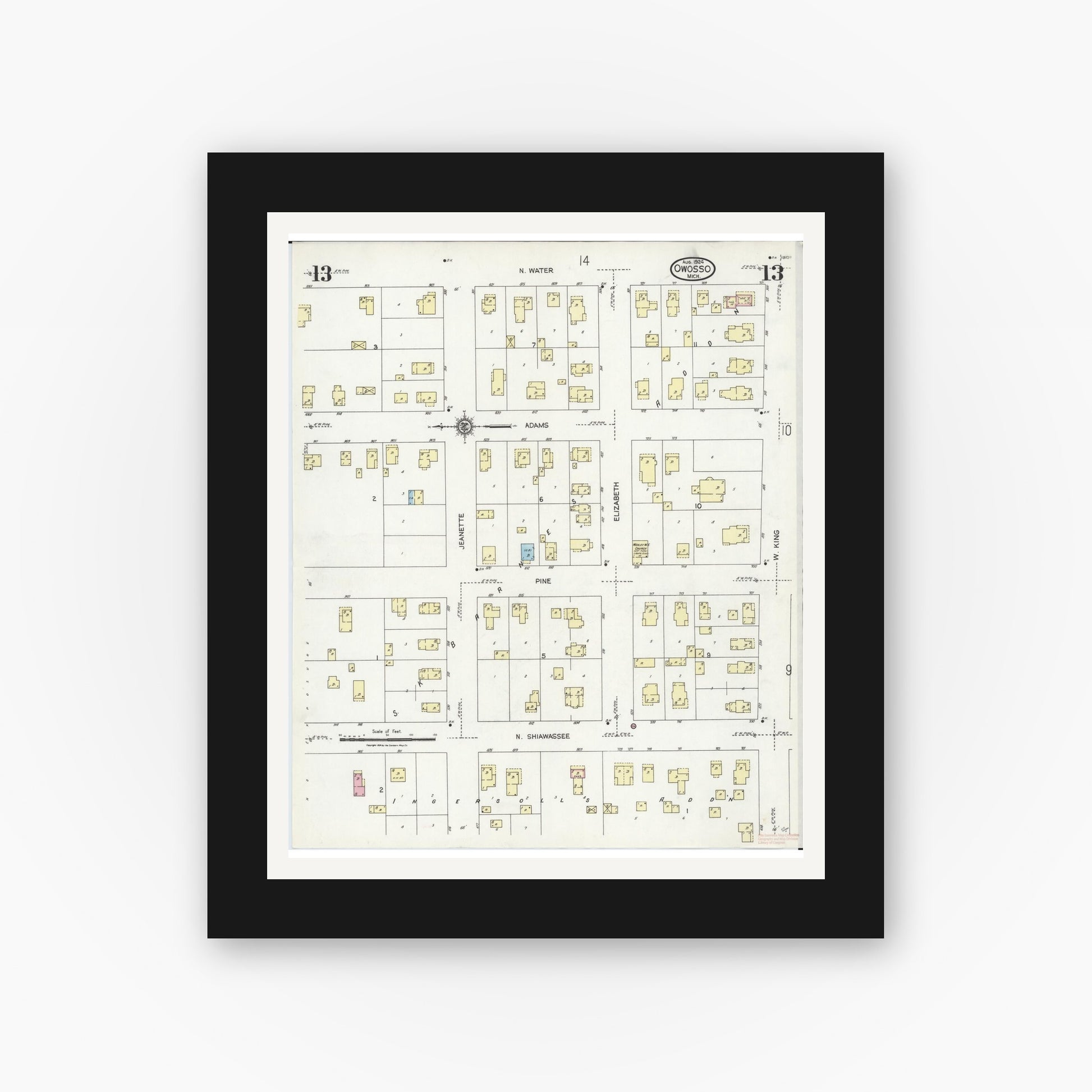 Old map wall art mockup — black gallery frame with white mat — Sanborn Fire Insurance Map from Owosso, Shiawassee County, Michigan (1924), Sheet #0013