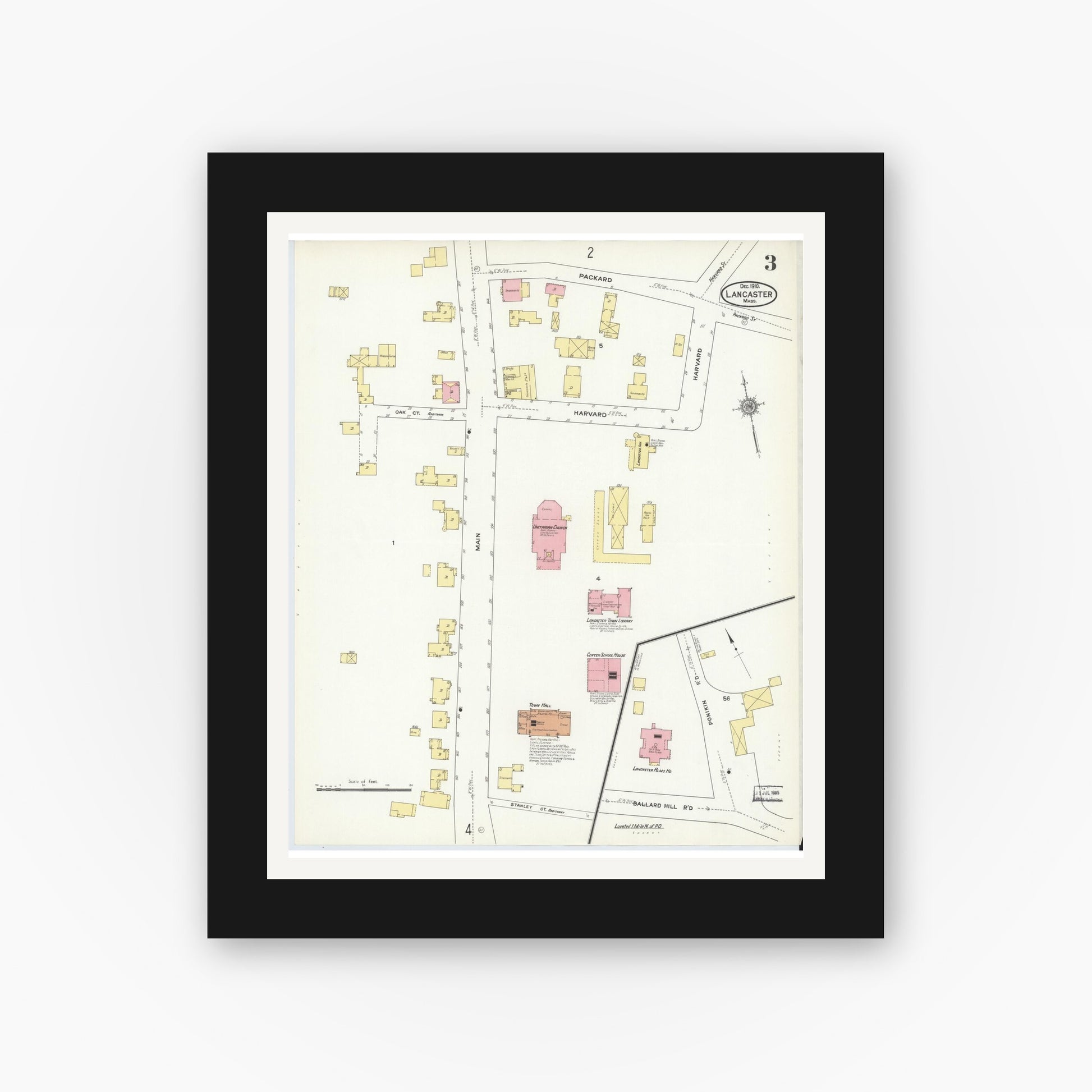 Old map wall art mockup — black gallery frame with white mat — Sanborn Fire Insurance Map from Lancaster, Worcester County, Massachusetts (1910), Sheet #0003