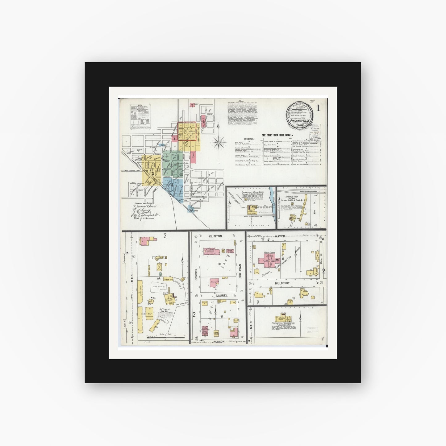 Old map wall art mockup — black gallery frame with white mat — Sanborn Fire Insurance Map from Pinckneyville, Perry County, Illinois (1900) - Complete Map Set