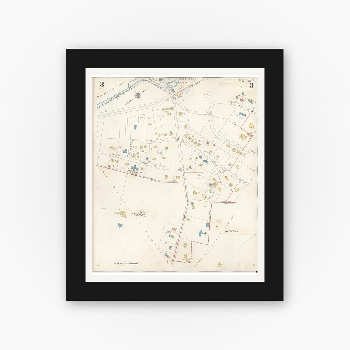 Old map wall art mockup — black gallery frame with white mat — Sanborn Fire Insurance Map from Bryn Athyn, Montgomery County, Pennsylvania (1941), Sheet #0003