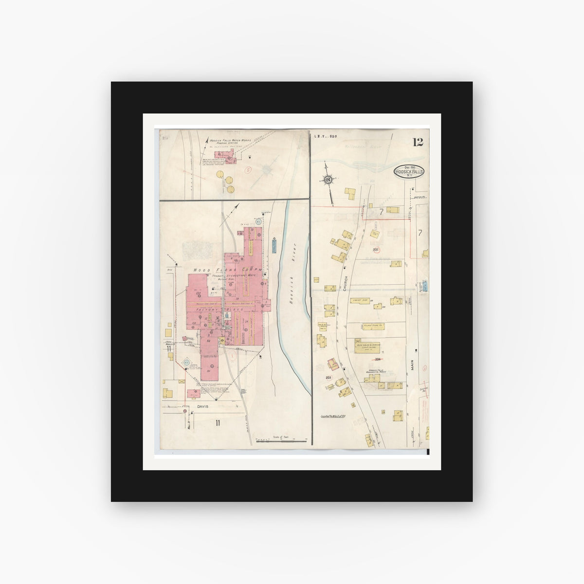 Old map wall art mockup — black gallery frame with white mat — Sanborn Fire Insurance Map from Hoosick Falls, Rensselaer County, New York (1945), Sheet #0012