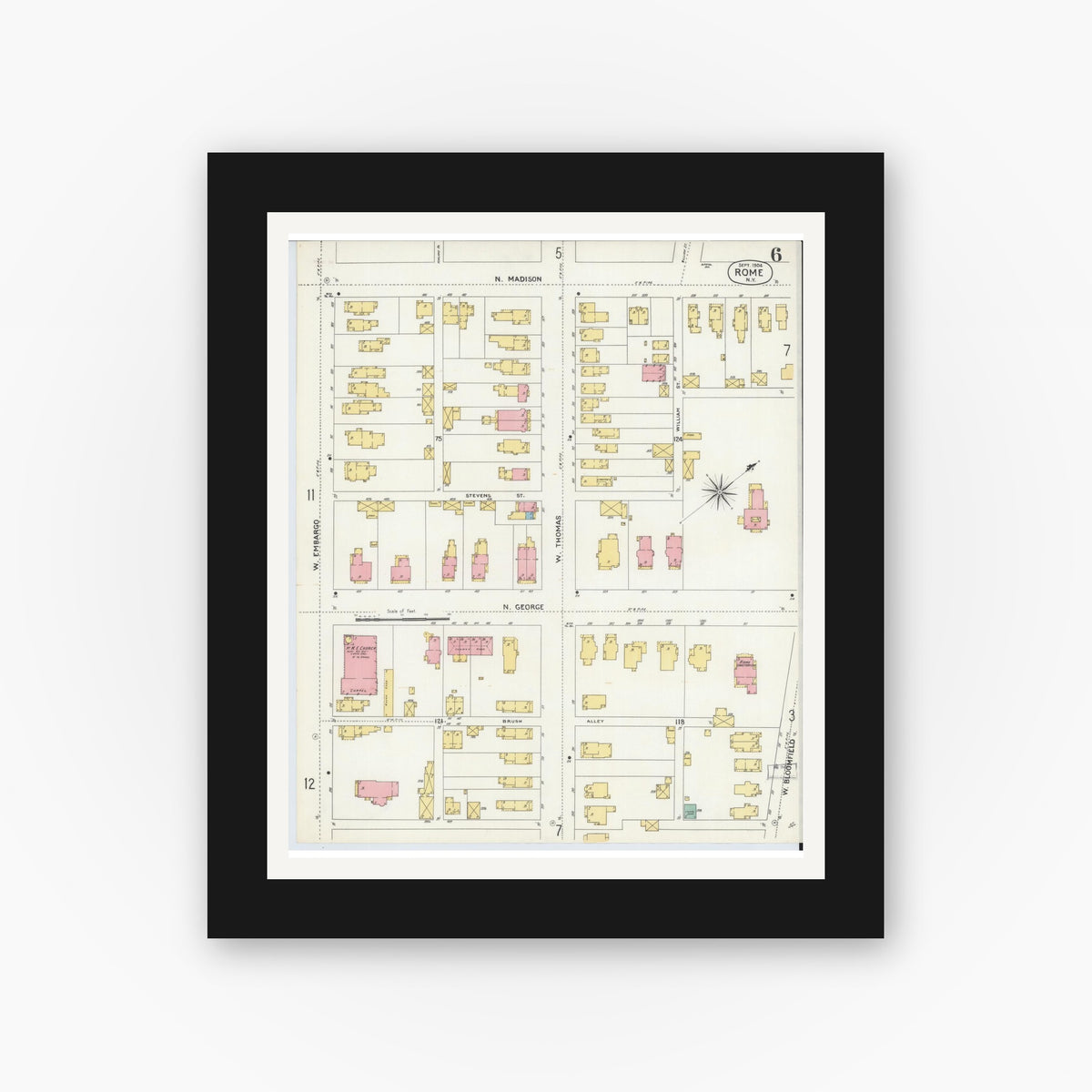 Old map wall art mockup — black gallery frame with white mat — Sanborn Fire Insurance Map from Rome, Oneida County, New York (1904), Sheet #0006