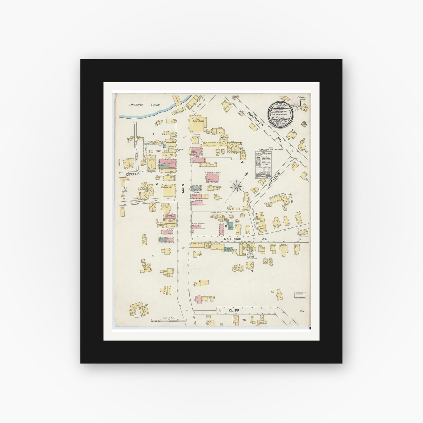 Old map wall art mockup — black gallery frame with white mat — Sanborn Fire Insurance Map from Middleburgh, Schoharie County, New York (1892) - Complete Map Set