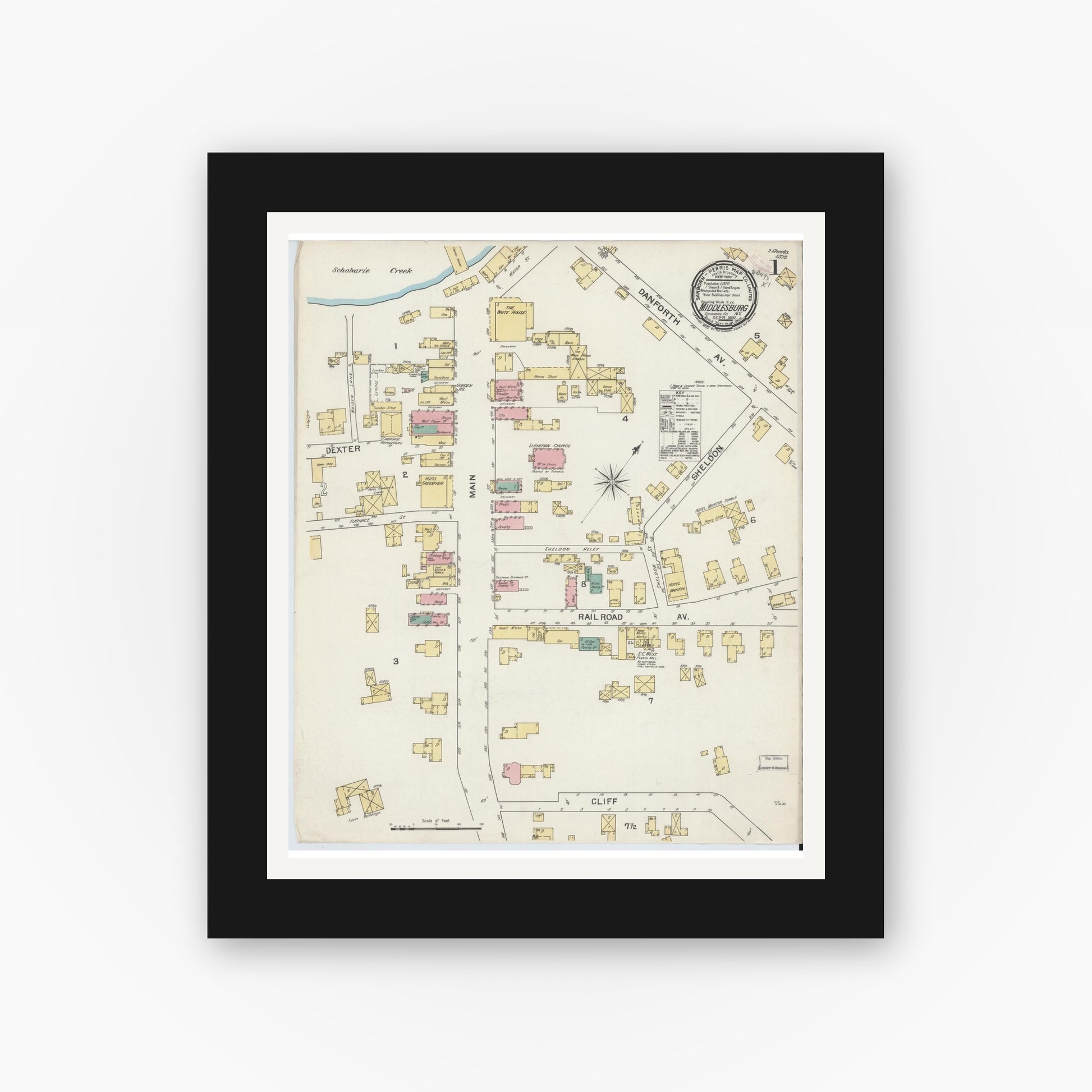 Old map wall art mockup — black gallery frame with white mat — Sanborn Fire Insurance Map from Middleburgh, Schoharie County, New York (1892) - Complete Map Set