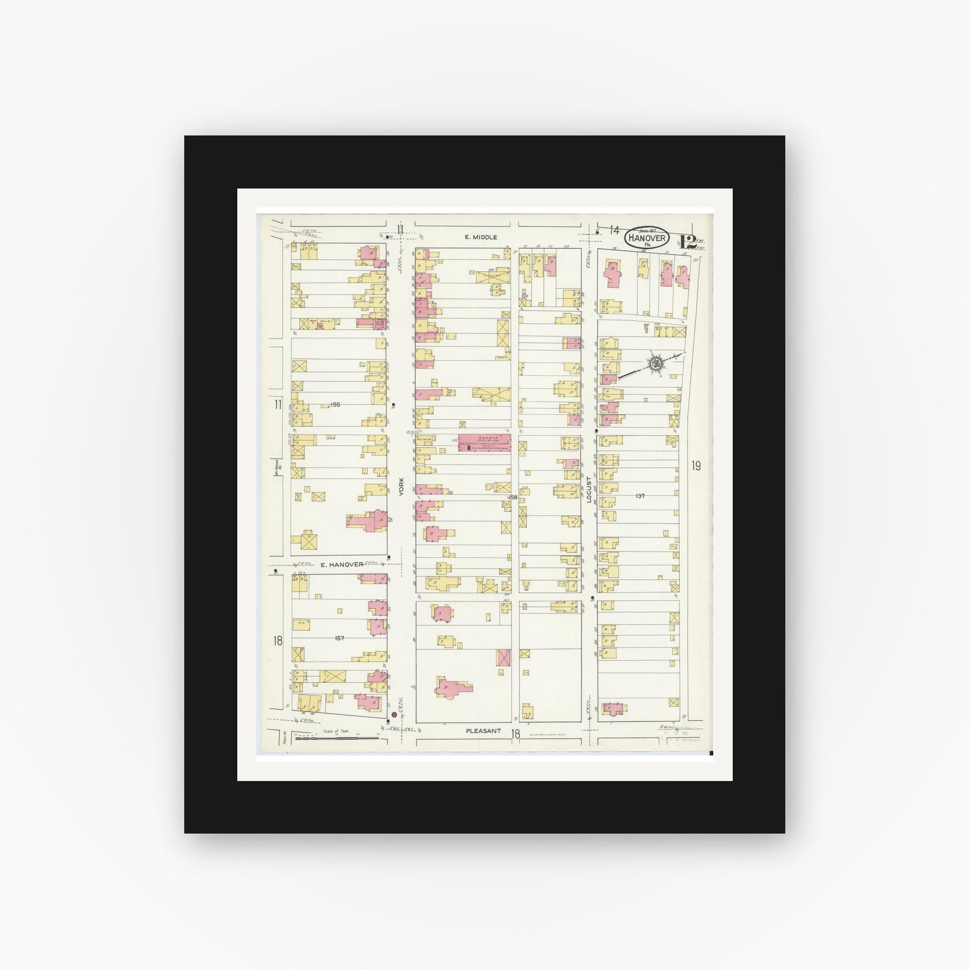 Old map wall art mockup — black gallery frame with white mat — Sanborn Fire Insurance Map from Hanover, York County, Pennsylvania (1917), Sheet #0012