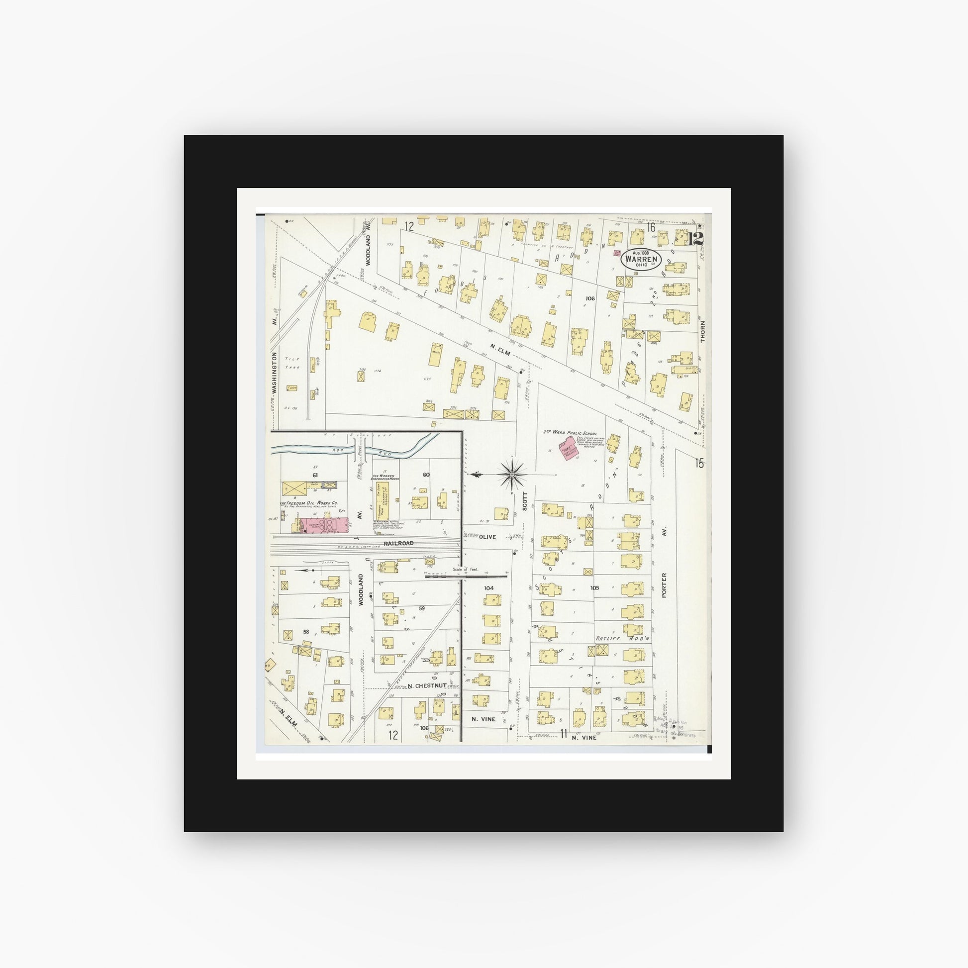 Old map wall art mockup — black gallery frame with white mat — Sanborn Fire Insurance Map from Warren, Trumbull County, Ohio (1908), Sheet #0012