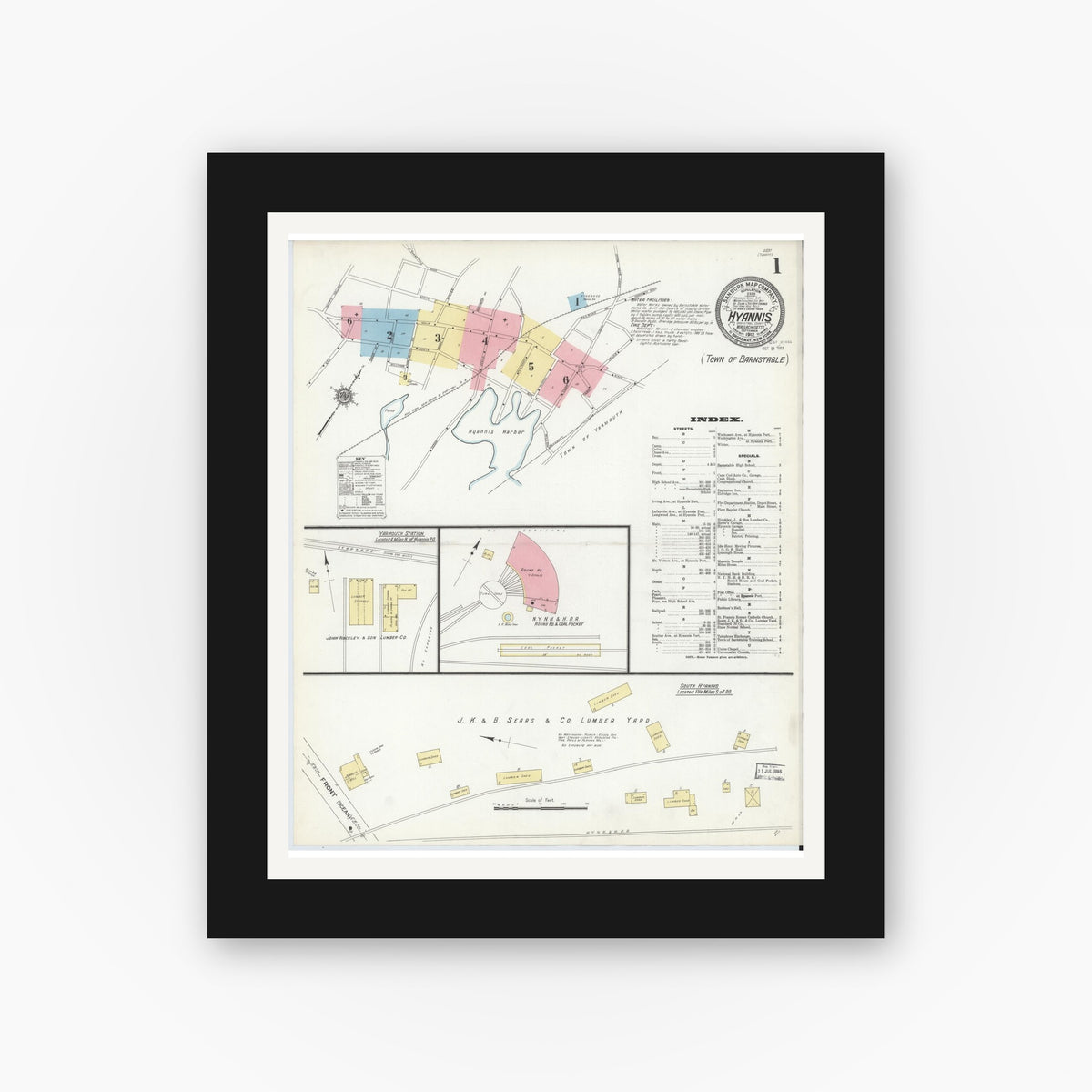 Old map wall art mockup — black gallery frame with white mat — Sanborn Fire Insurance Map from Hyannis, Barnstable County, Massachusetts (1912) - Complete Map Set