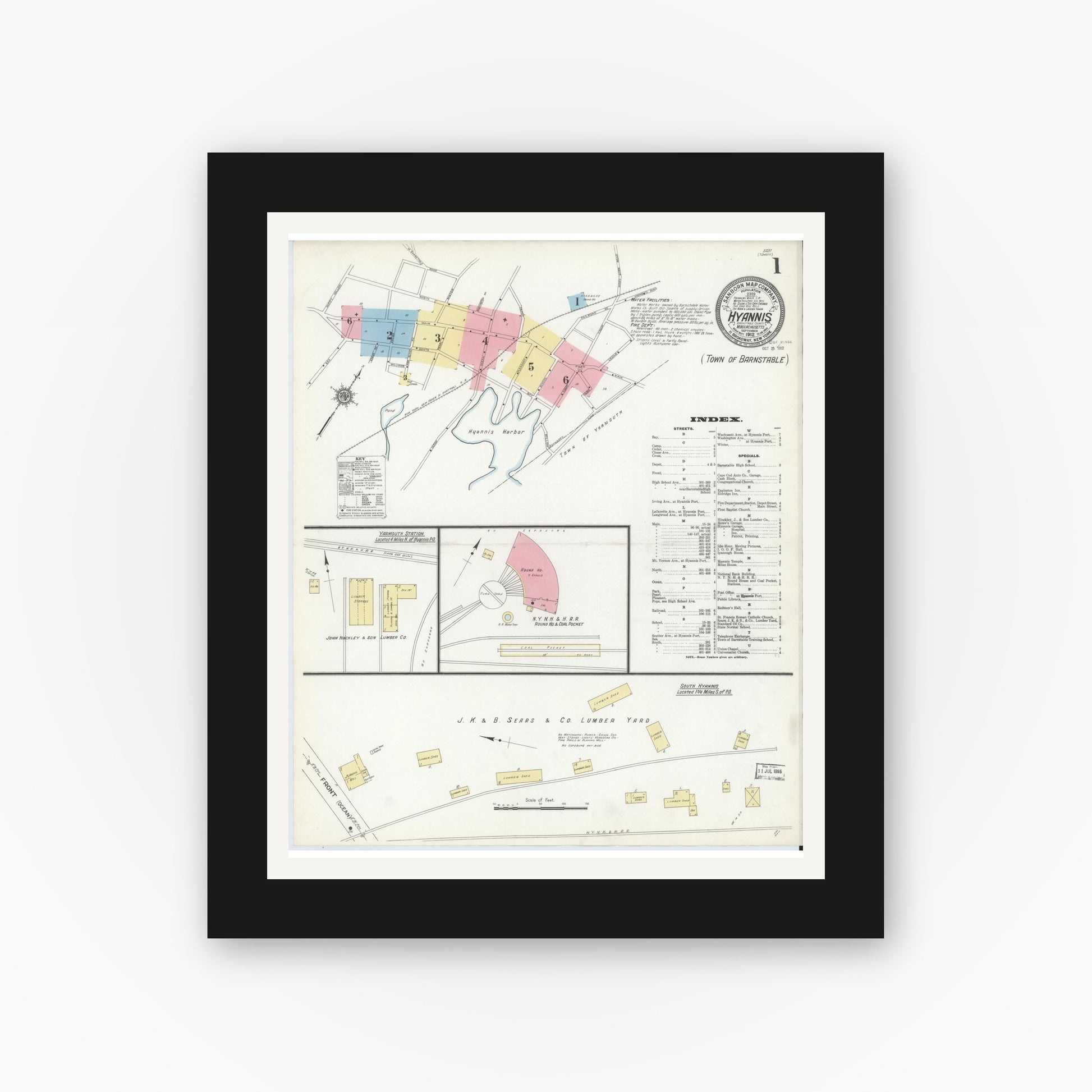 Old map wall art mockup — black gallery frame with white mat — Sanborn Fire Insurance Map from Hyannis, Barnstable County, Massachusetts (1912) - Complete Map Set