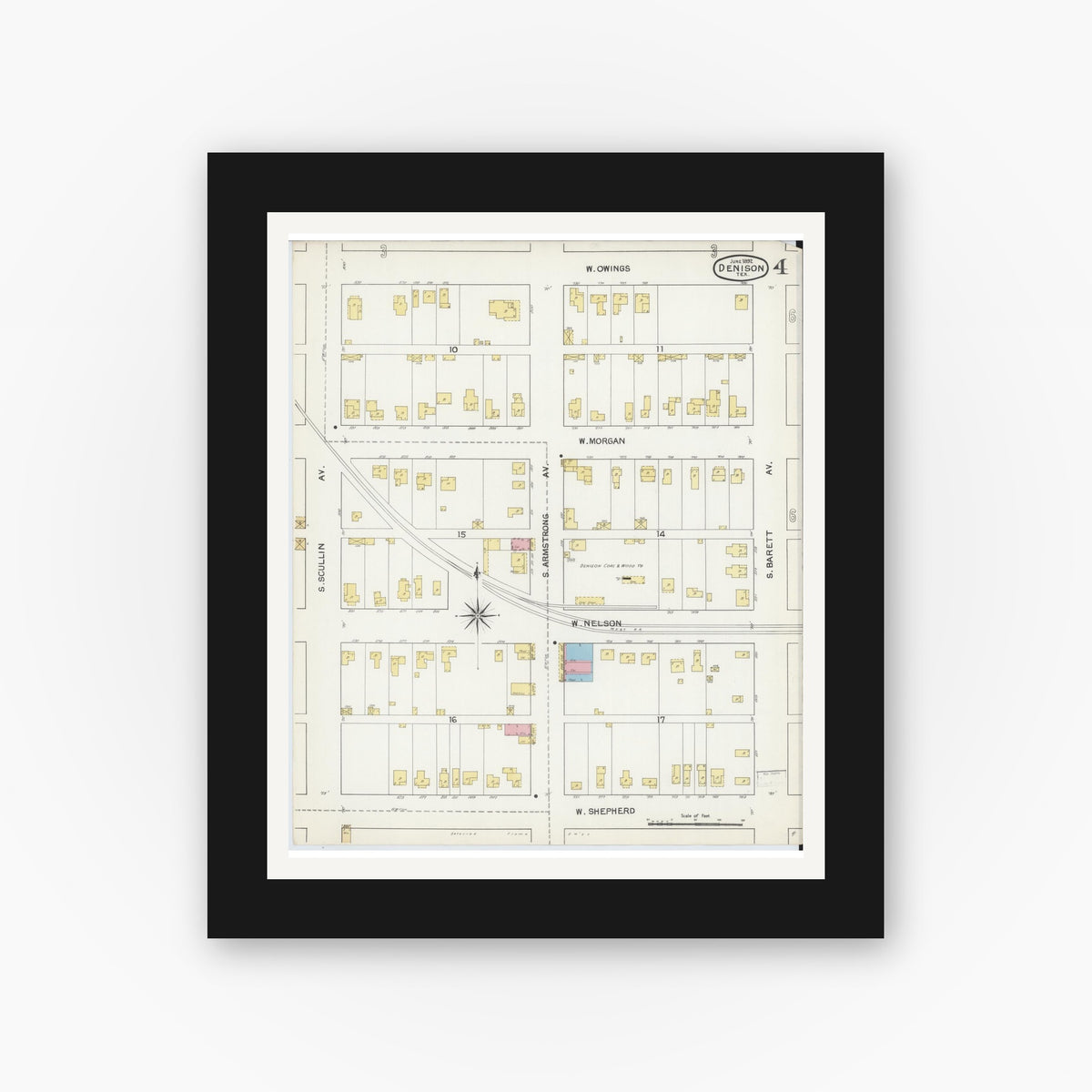 Old map wall art mockup — black gallery frame with white mat — Sanborn Fire Insurance Map from Denison, Grayson County, Texas (1892), Sheet #0004