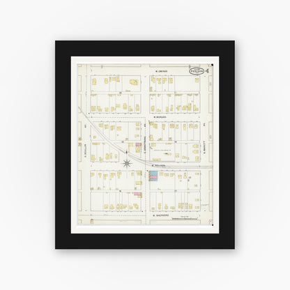 Old map wall art mockup — black gallery frame with white mat — Sanborn Fire Insurance Map from Denison, Grayson County, Texas (1892), Sheet #0004
