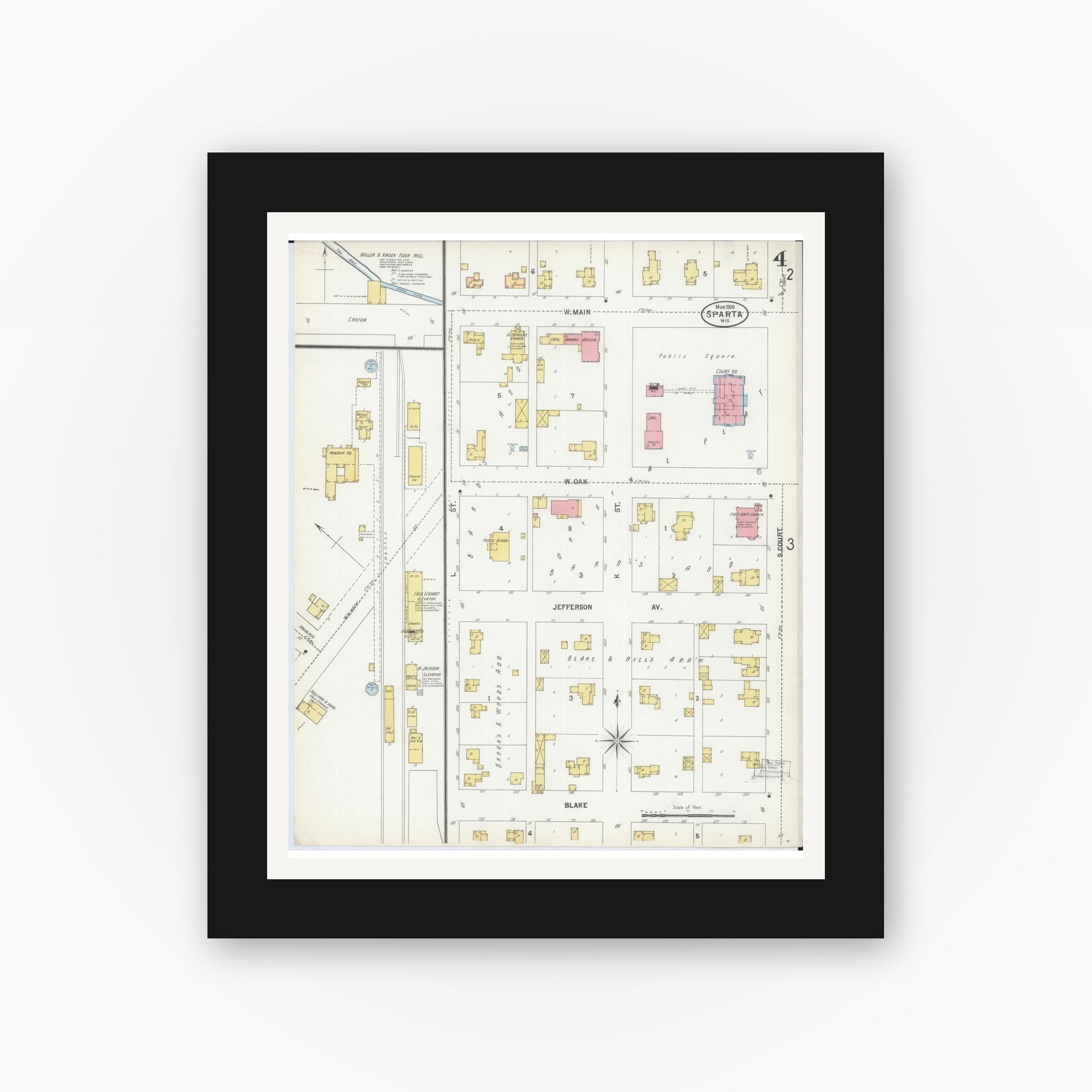 Old map wall art mockup — black gallery frame with white mat — Sanborn Fire Insurance Map from Sparta, Monroe County, Wisconsin (1900), Sheet #0004