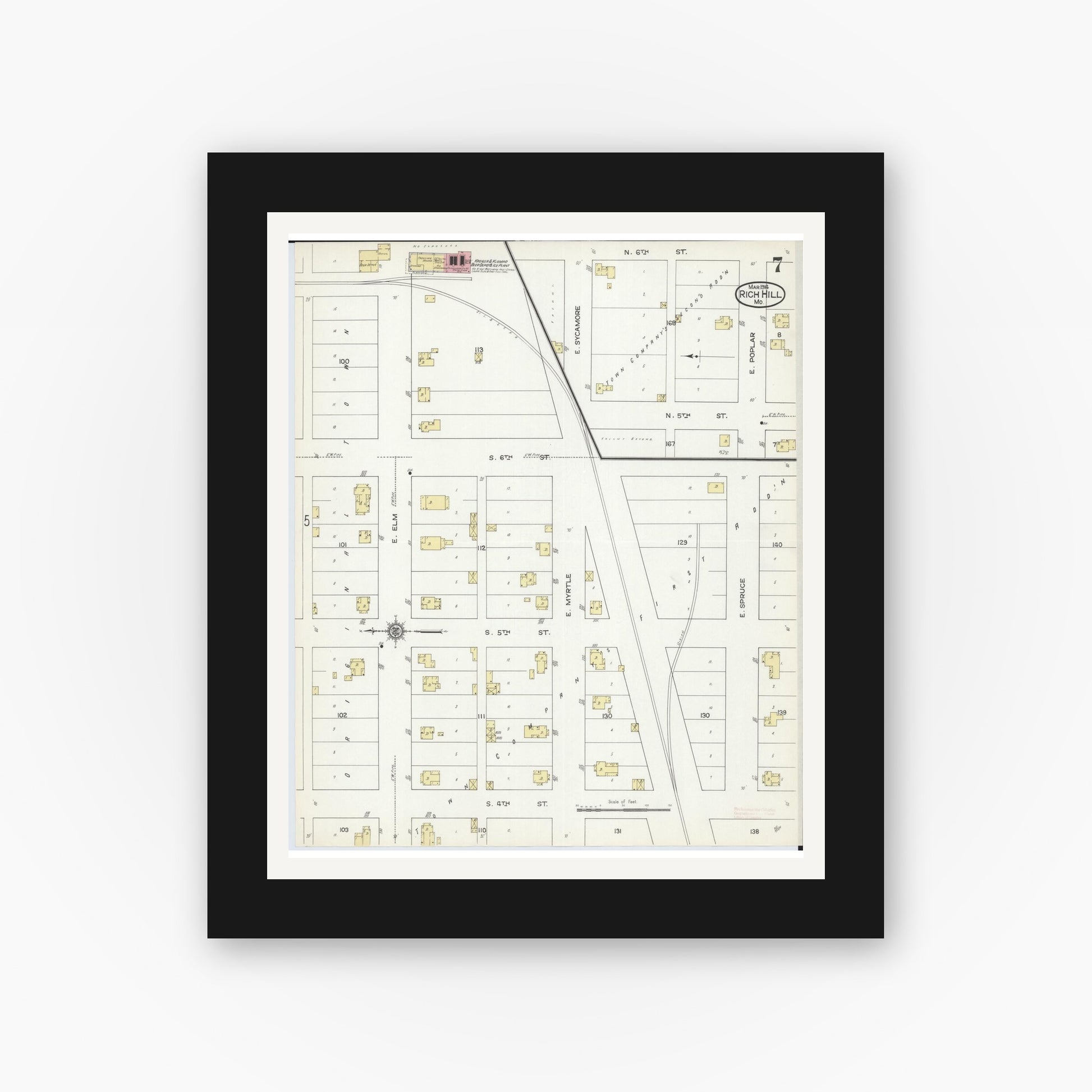 Old map wall art mockup — black gallery frame with white mat — Sanborn Fire Insurance Map from Rich Hill, Bates County, Missouri (1914), Sheet #0007
