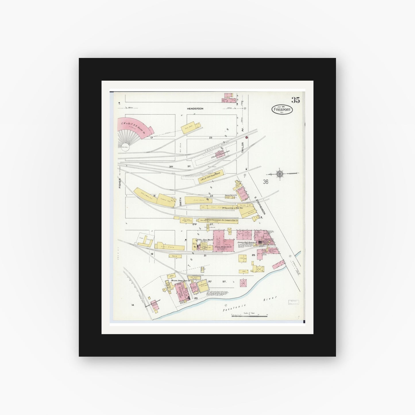 Old map wall art mockup — black gallery frame with white mat — Sanborn Fire Insurance Map from Freeport, Stephenson County, Illinois (1910), Sheet #0035