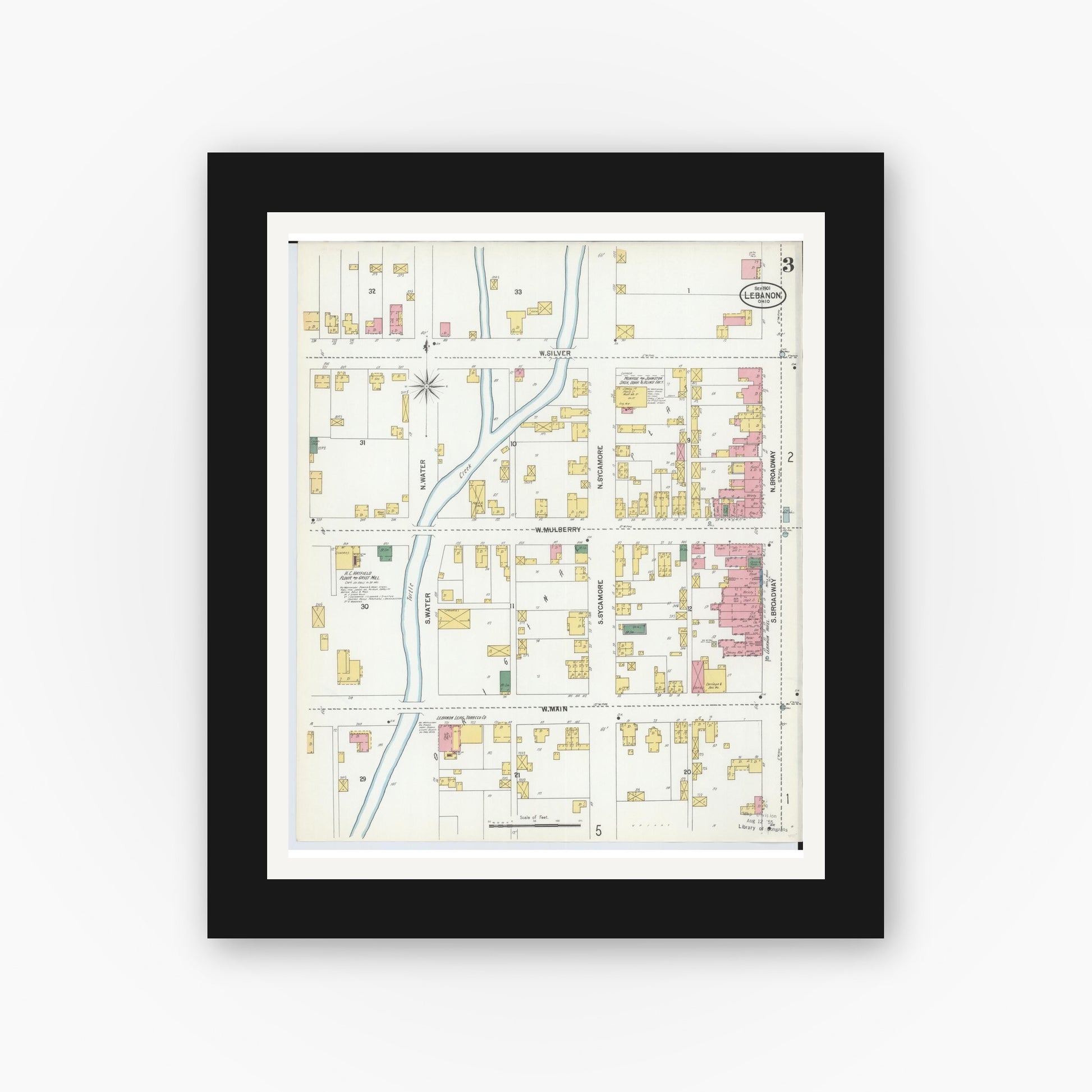 Old map wall art mockup — black gallery frame with white mat — Sanborn Fire Insurance Map from Lebanon, Warren County, Ohio (1901), Sheet #0003