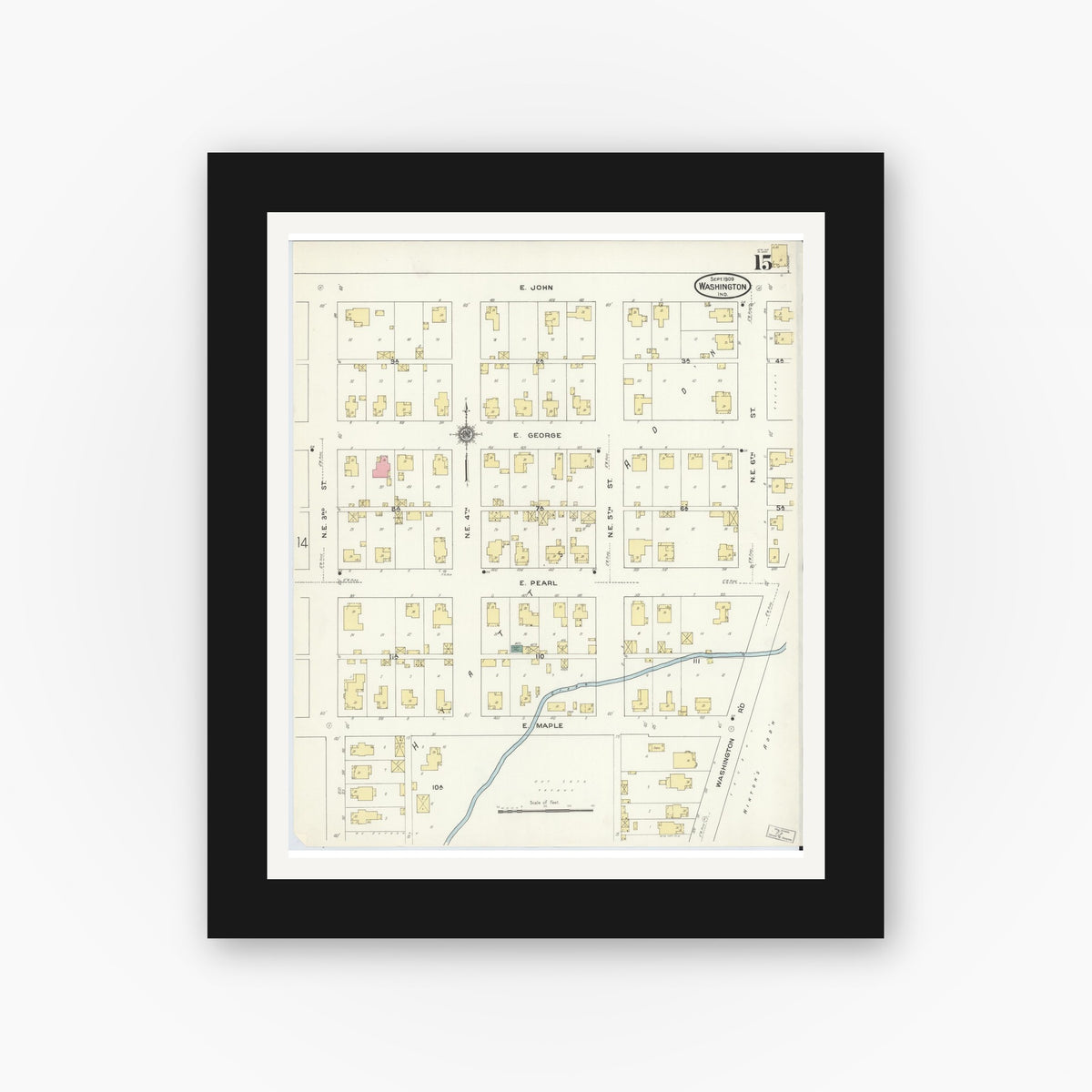 Old map wall art mockup — black gallery frame with white mat — Sanborn Fire Insurance Map from Washington, Daviess County, Indiana (1909), Sheet #0015