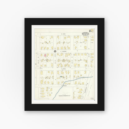 Old map wall art mockup — black gallery frame with white mat — Sanborn Fire Insurance Map from Washington, Daviess County, Indiana (1909), Sheet #0015