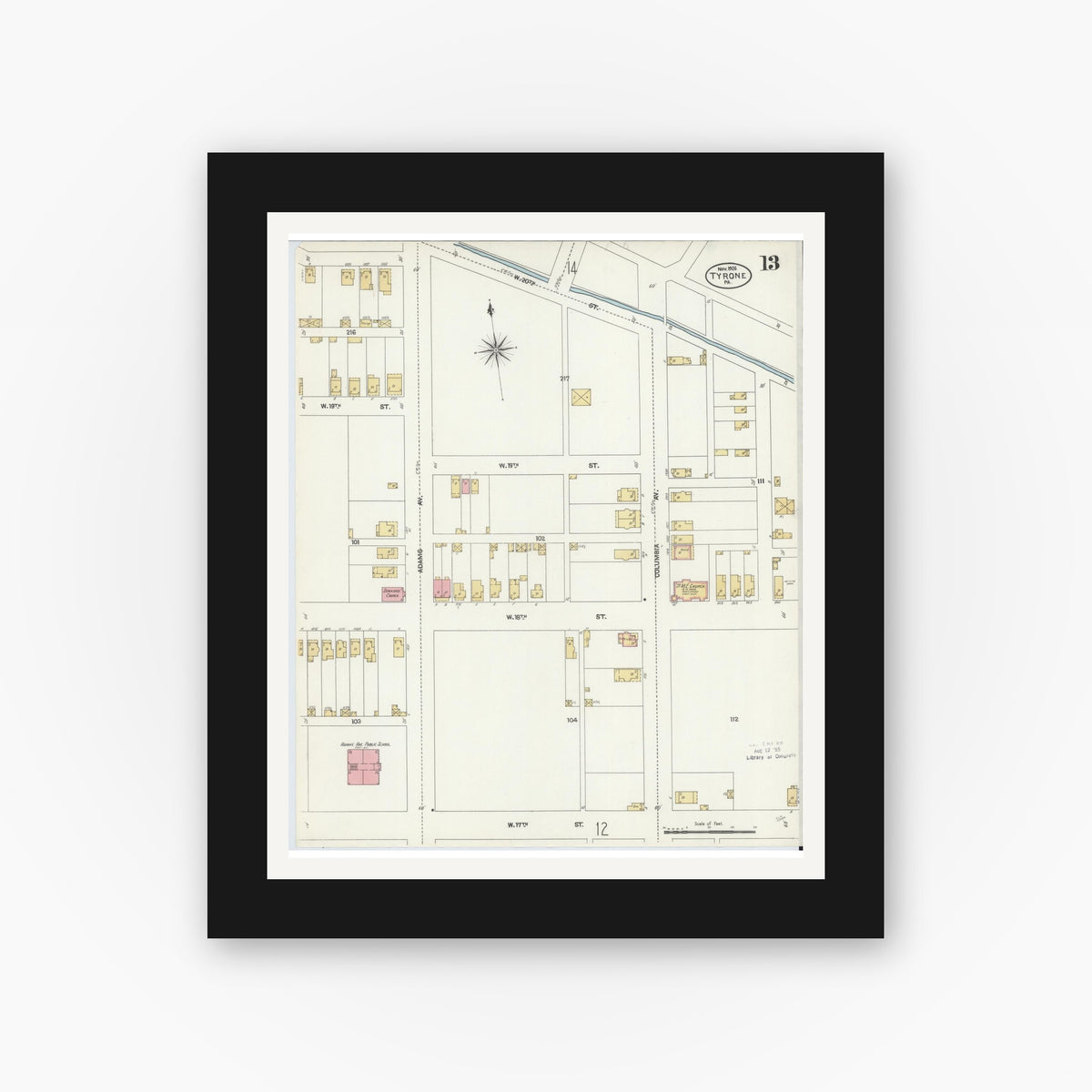Old map wall art mockup — black gallery frame with white mat — Sanborn Fire Insurance Map from Tyrone, Blair County, Pennsylvania (1906), Sheet #0013