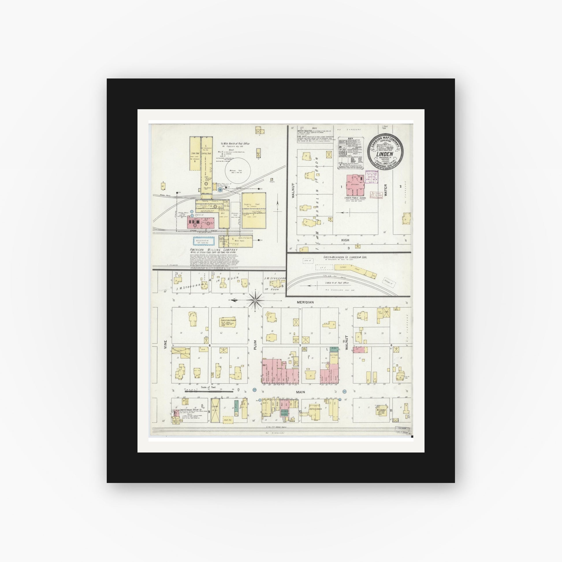 Old map wall art mockup — black gallery frame with white mat — Sanborn Fire Insurance Map from Linden, Montgomery County, Indiana (1907), Sheet #0001