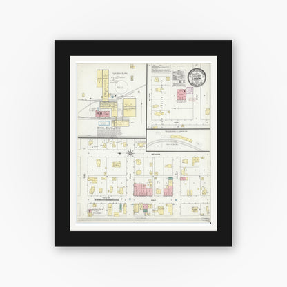 Old map wall art mockup — black gallery frame with white mat — Sanborn Fire Insurance Map from Linden, Montgomery County, Indiana (1907), Sheet #0001