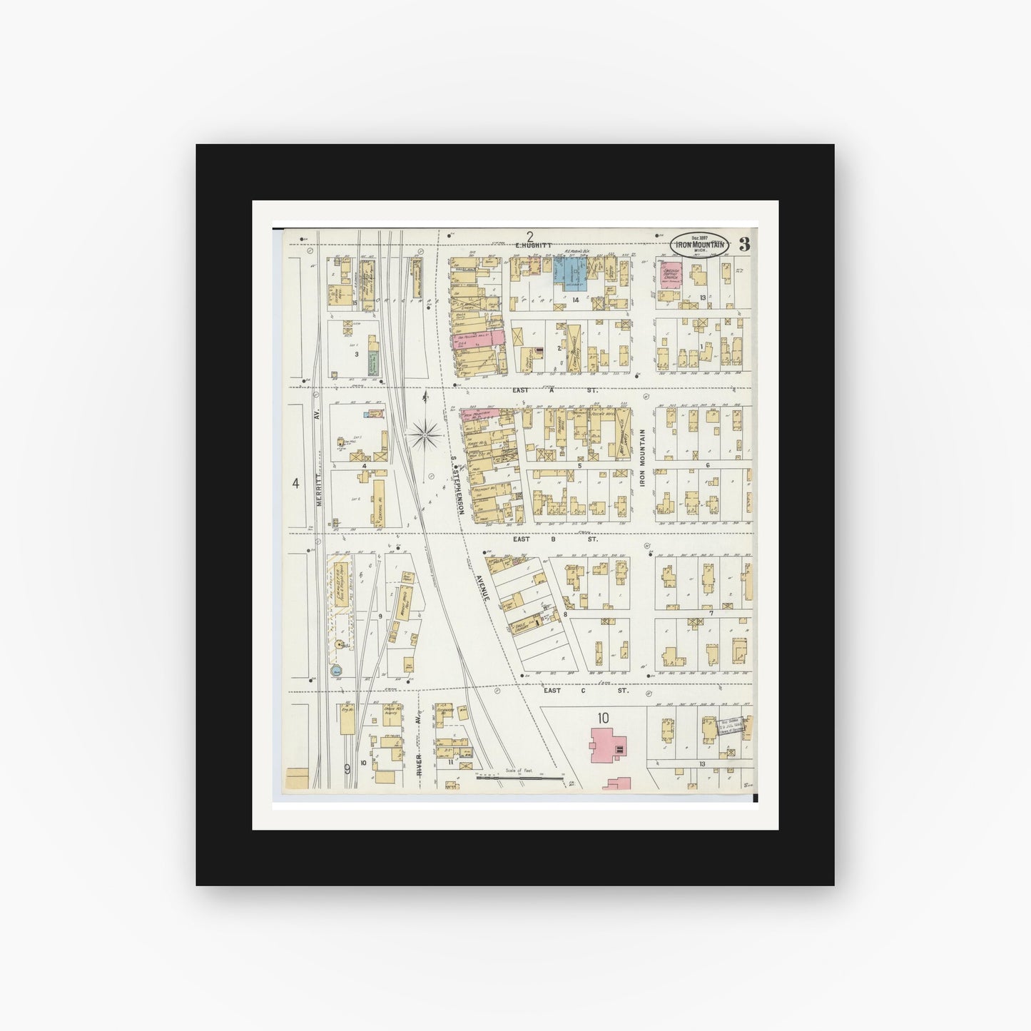 Old map wall art mockup — black gallery frame with white mat — Sanborn Fire Insurance Map from Iron Mountain, Dickinson County, Michigan (1897), Sheet #0003