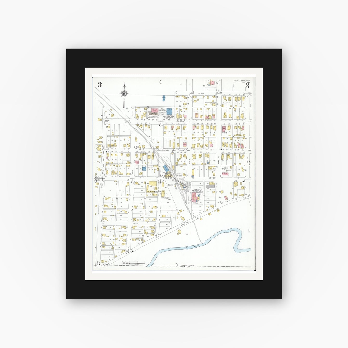 Old map wall art mockup — black gallery frame with white mat — Sanborn Fire Insurance Map from West Liberty, Logan County, Ohio (1948), Sheet #0003