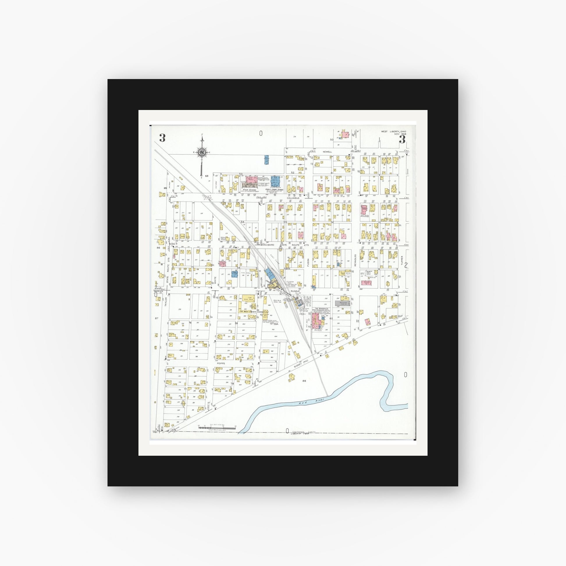 Old map wall art mockup — black gallery frame with white mat — Sanborn Fire Insurance Map from West Liberty, Logan County, Ohio (1948), Sheet #0003
