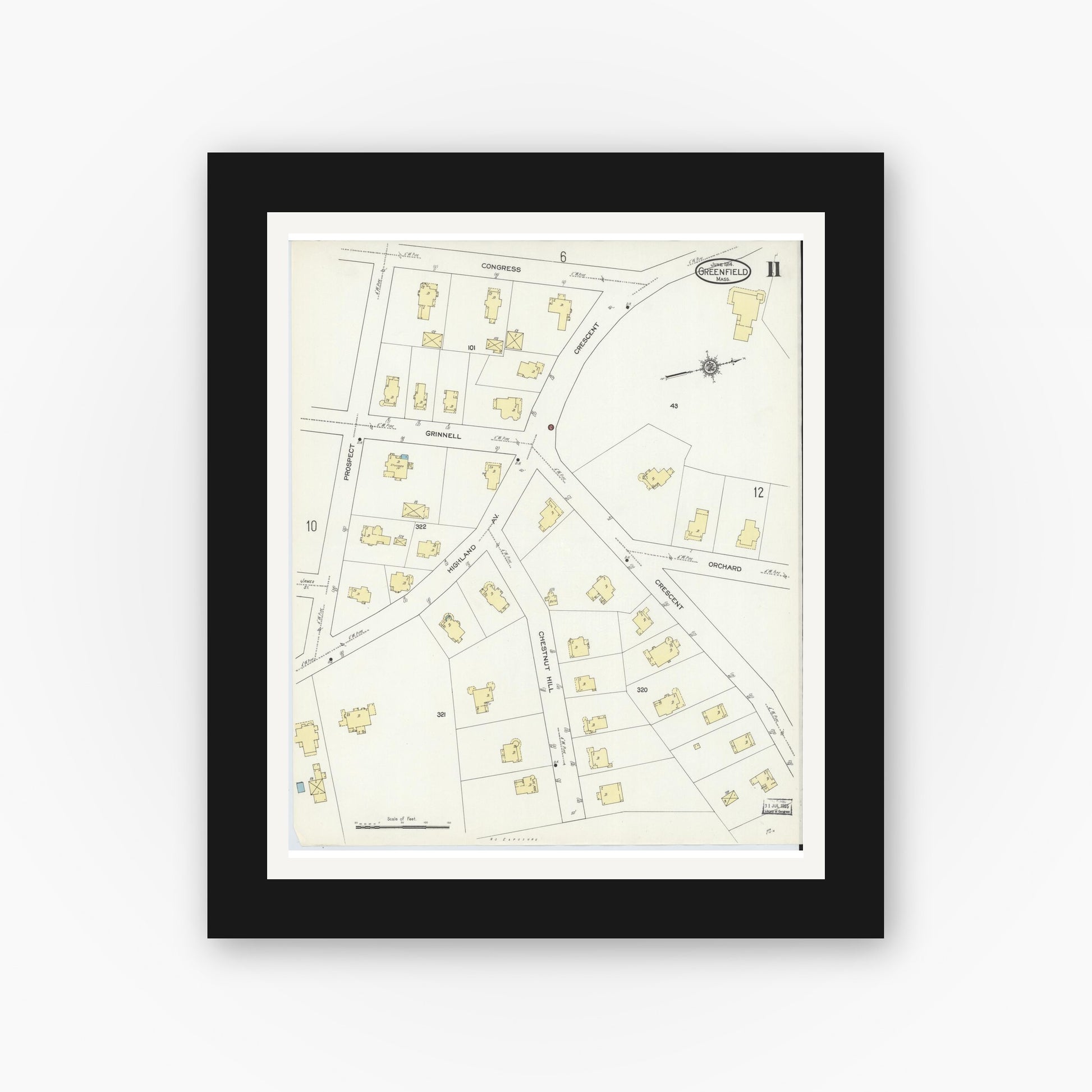 Old map wall art mockup — black gallery frame with white mat — Sanborn Fire Insurance Map from Greenfield, Franklin County, Massachusetts (1914), Sheet #0011