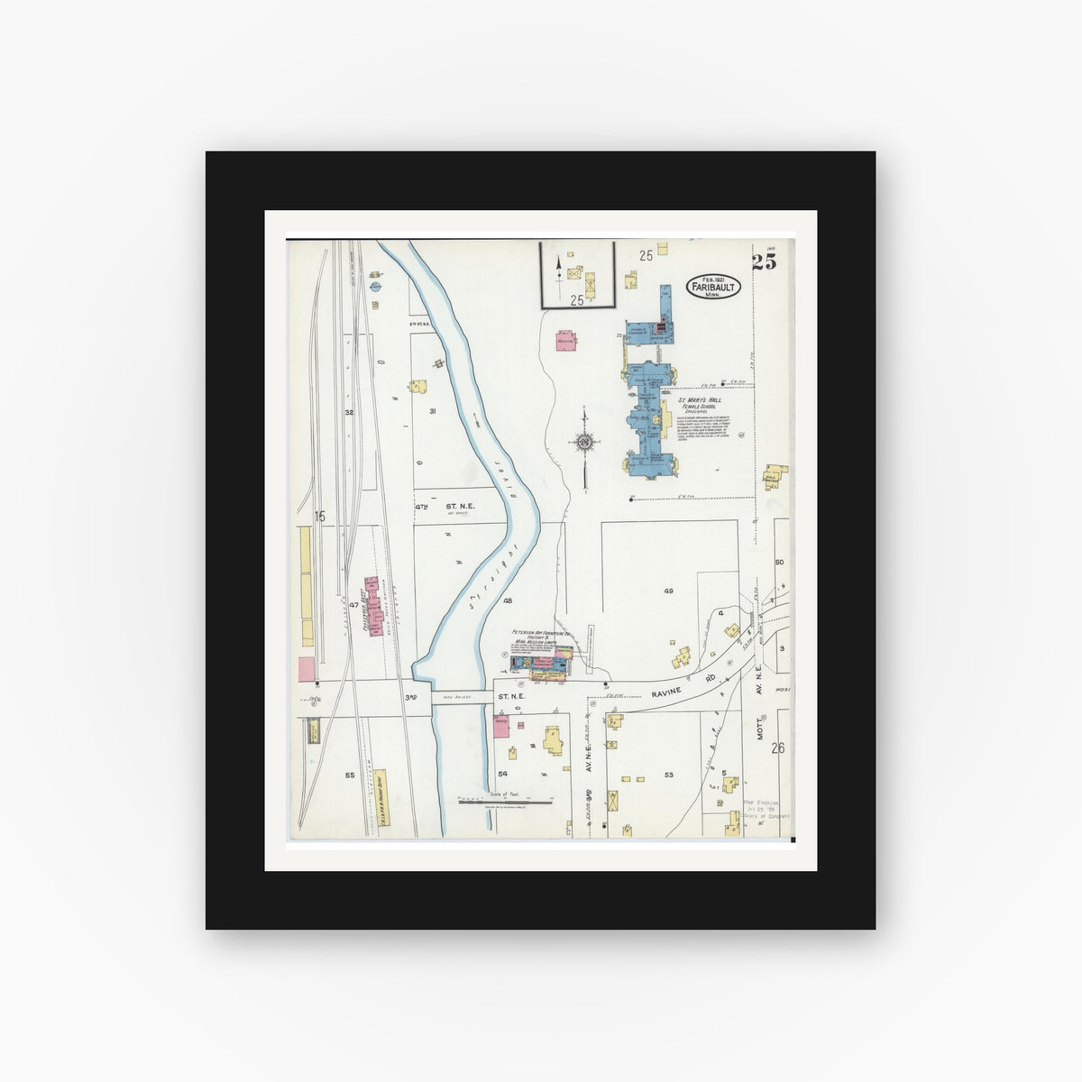 Old map wall art mockup — black gallery frame with white mat — Sanborn Fire Insurance Map from Faribault, Rice County, Minnesota (1921), Sheet #0025
