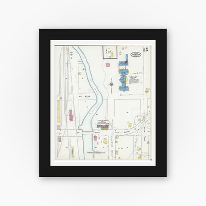 Old map wall art mockup — black gallery frame with white mat — Sanborn Fire Insurance Map from Faribault, Rice County, Minnesota (1921), Sheet #0025