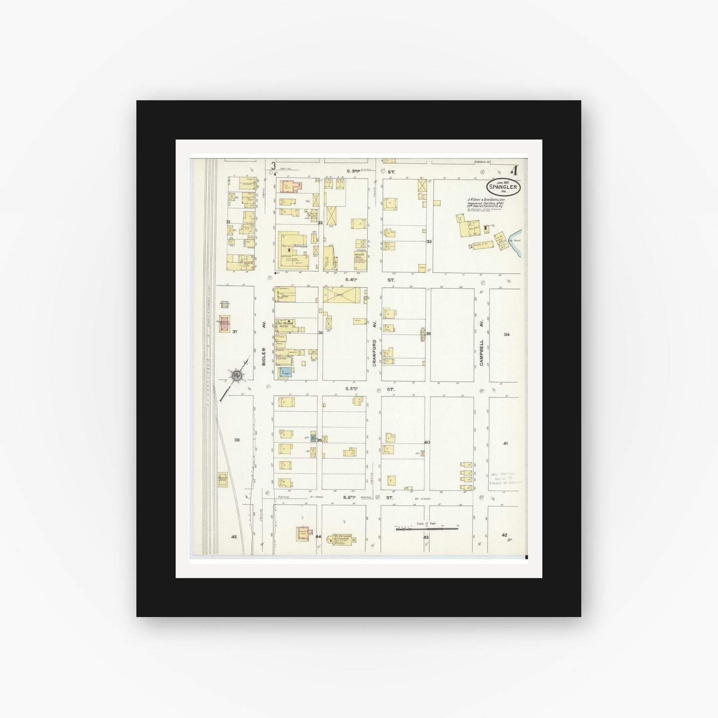 Old map wall art mockup — black gallery frame with white mat — Sanborn Fire Insurance Map from Spangler, Cambria County, Pennsylvania (1910), Sheet #0004