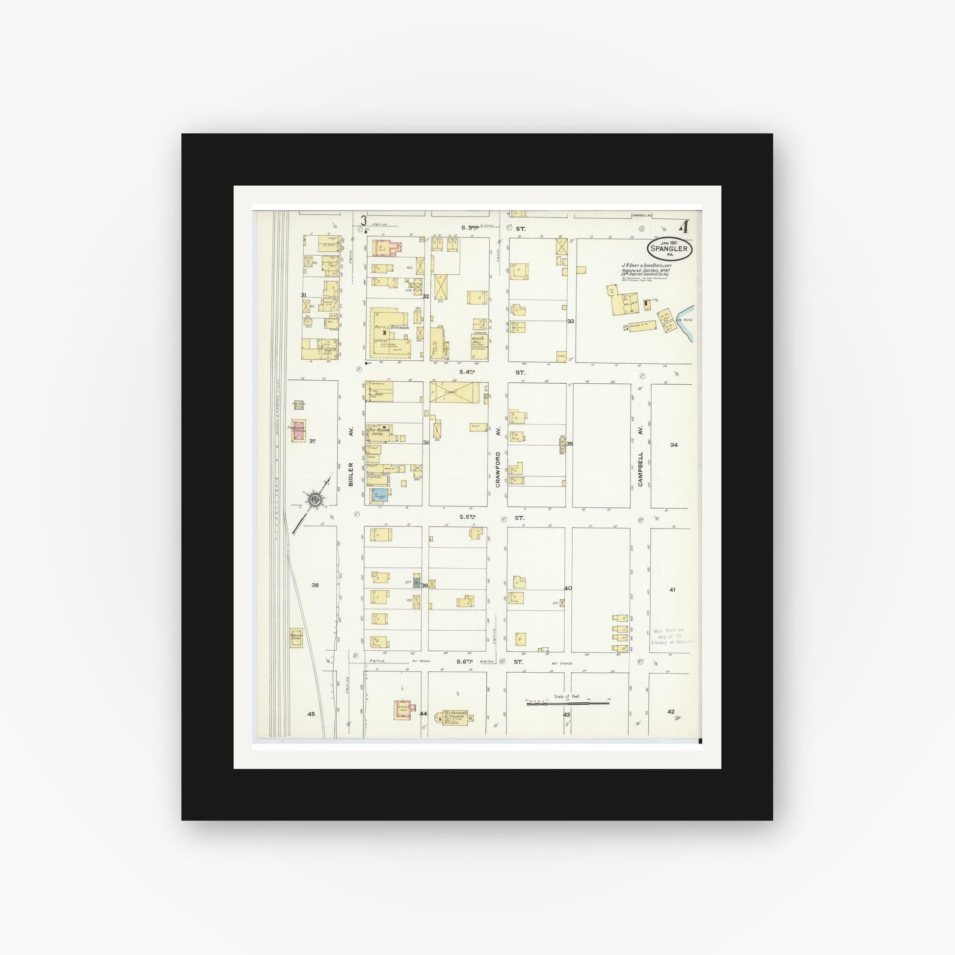Old map wall art mockup — black gallery frame with white mat — Sanborn Fire Insurance Map from Spangler, Cambria County, Pennsylvania (1910), Sheet #0004