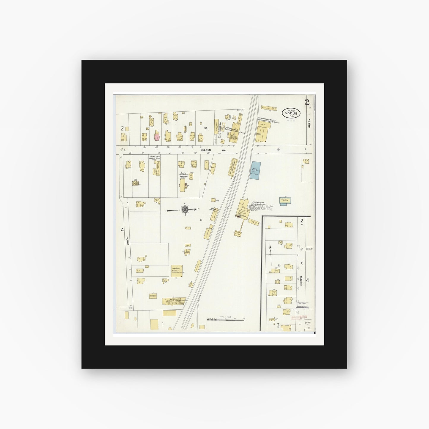 Old map wall art mockup — black gallery frame with white mat — Sanborn Fire Insurance Map from Sodus, Wayne County, New York (1911), Sheet #0002