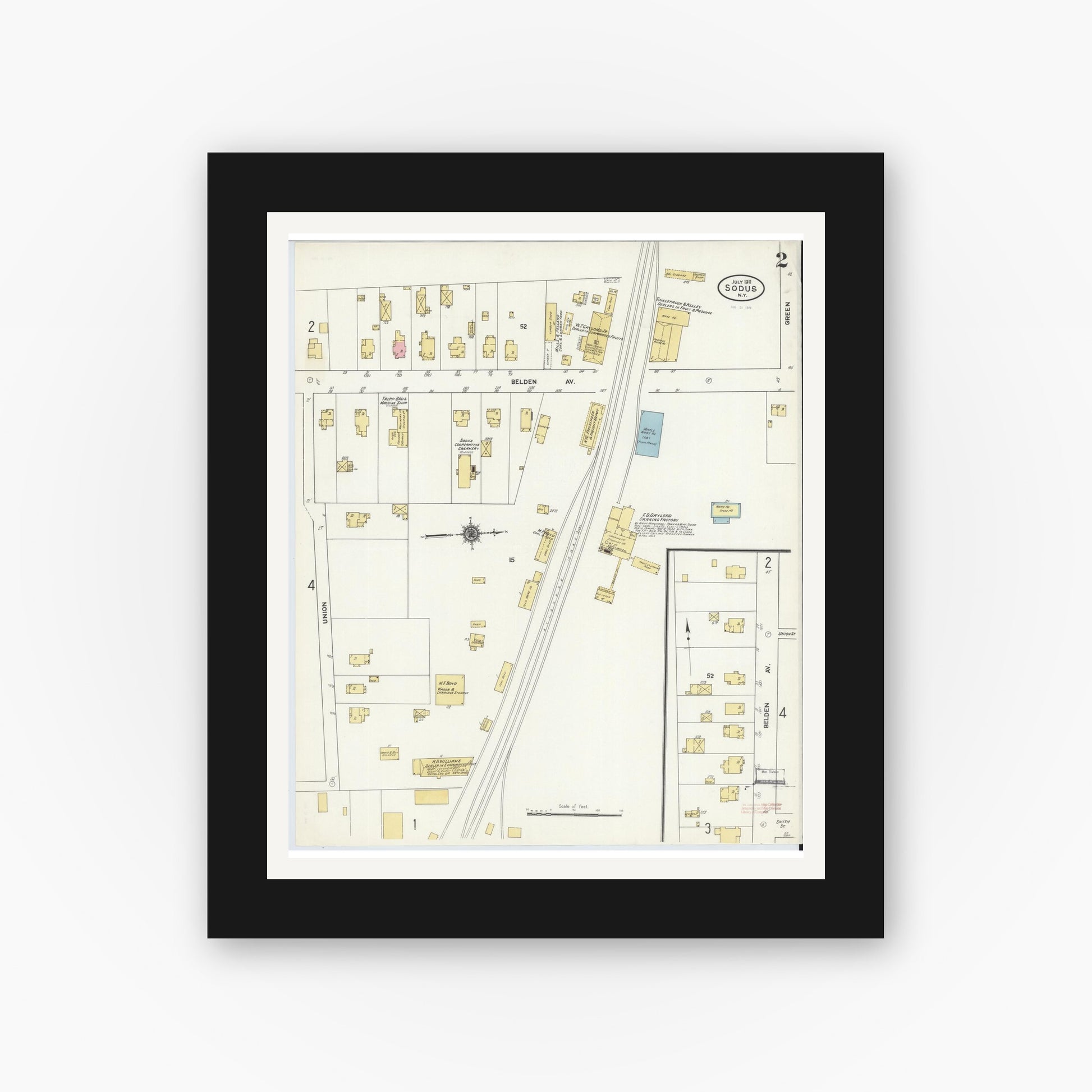 Old map wall art mockup — black gallery frame with white mat — Sanborn Fire Insurance Map from Sodus, Wayne County, New York (1911), Sheet #0002