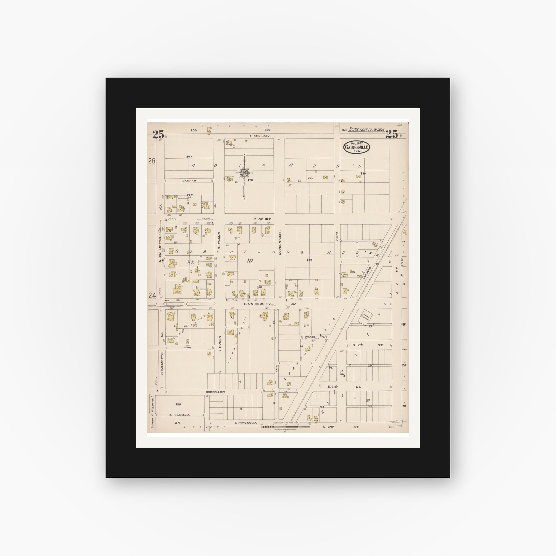Old map wall art mockup — black gallery frame with white mat — Sanborn Fire Insurance Map from Gainesville, Alachua County, Florida (1922), Sheet #0025
