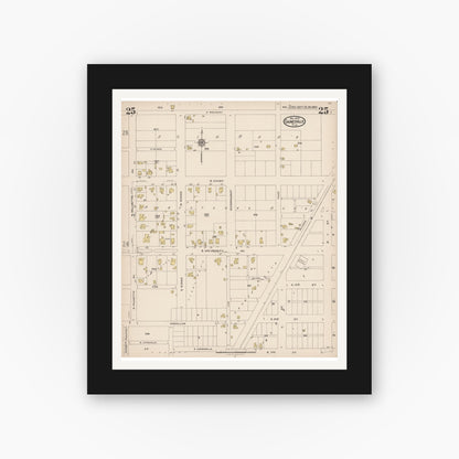 Old map wall art mockup — black gallery frame with white mat — Sanborn Fire Insurance Map from Gainesville, Alachua County, Florida (1922), Sheet #0025