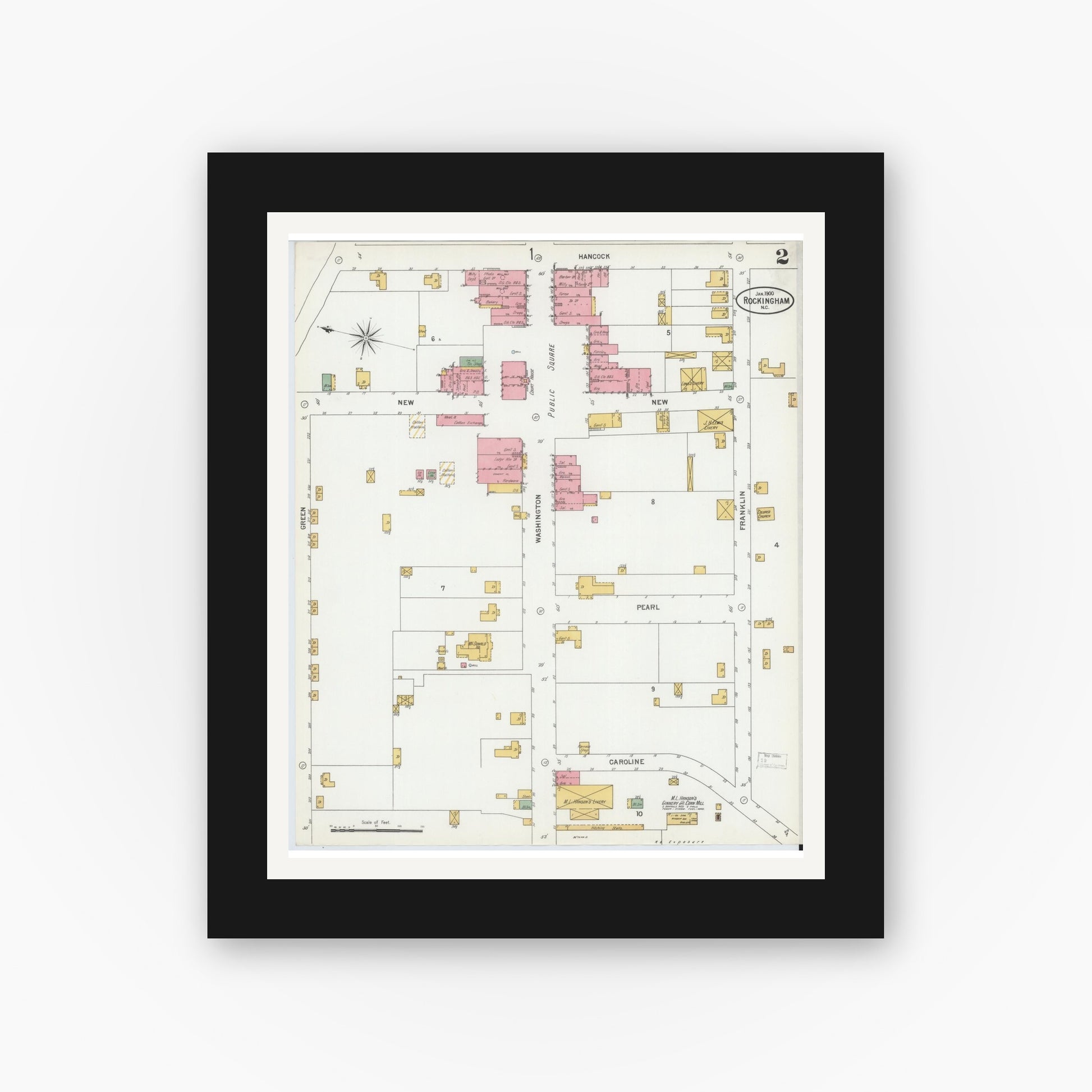 Old map wall art mockup — black gallery frame with white mat — Sanborn Fire Insurance Map from Rockingham, Richmond County, North Carolina (1900), Sheet #0002