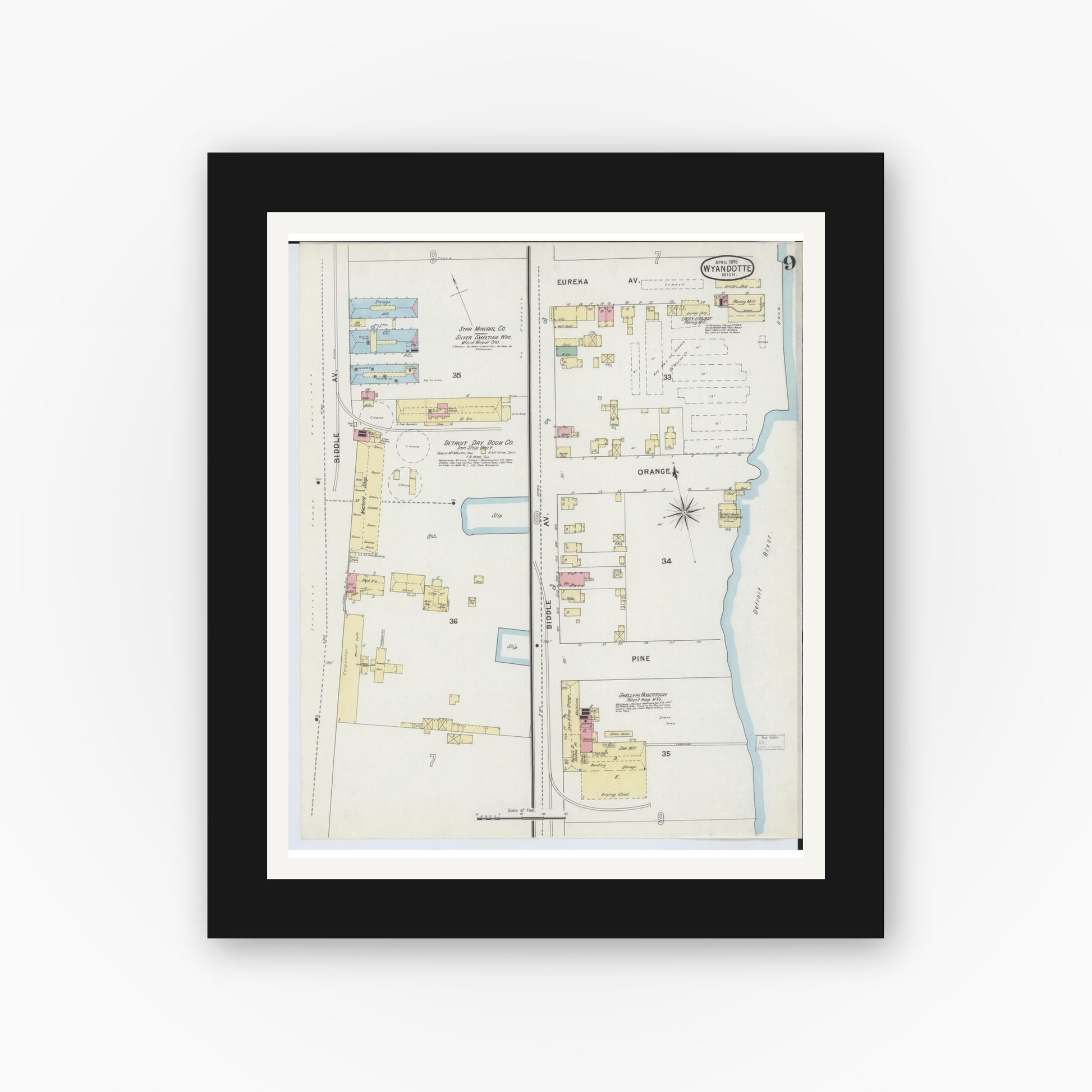 Old map wall art mockup — black gallery frame with white mat — Sanborn Fire Insurance Map from Wyandotte, Wayne County, Michigan (1895), Sheet #0009