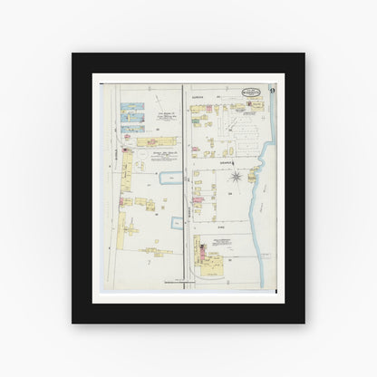 Old map wall art mockup — black gallery frame with white mat — Sanborn Fire Insurance Map from Wyandotte, Wayne County, Michigan (1895), Sheet #0009