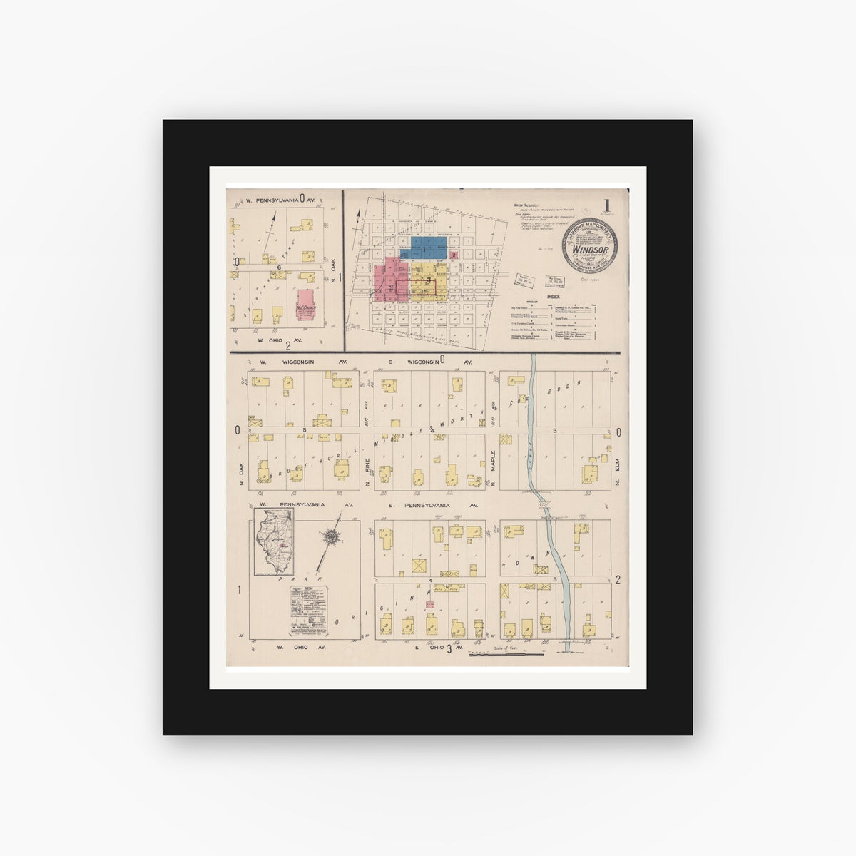 Old map wall art mockup — black gallery frame with white mat — Sanborn Fire Insurance Map from Windsor, Shelby County, Illinois (1922), Sheet #0001