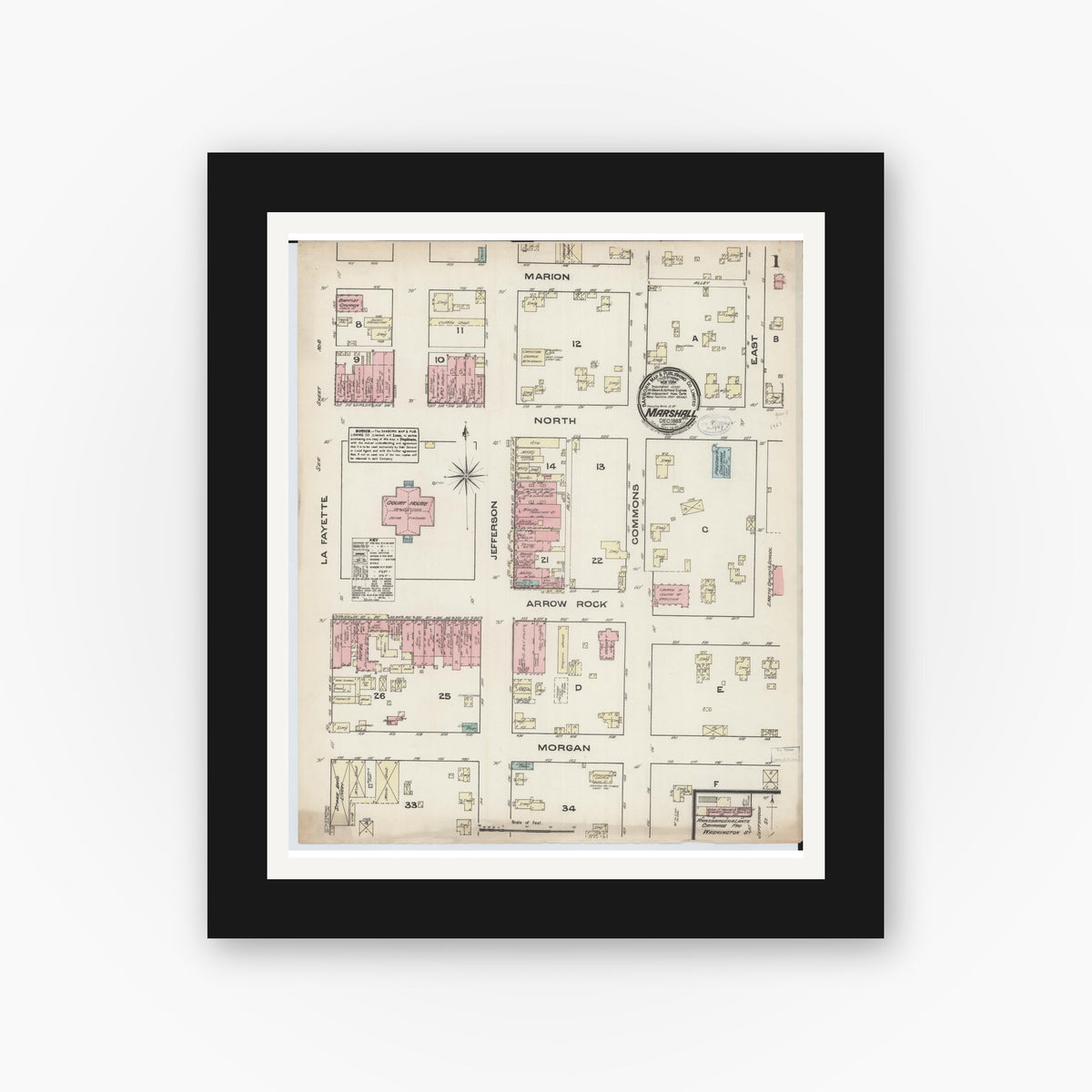 Old map wall art mockup — black gallery frame with white mat — Sanborn Fire Insurance Map from Marshall, Saline County, Missouri (1883) - Complete Map Set