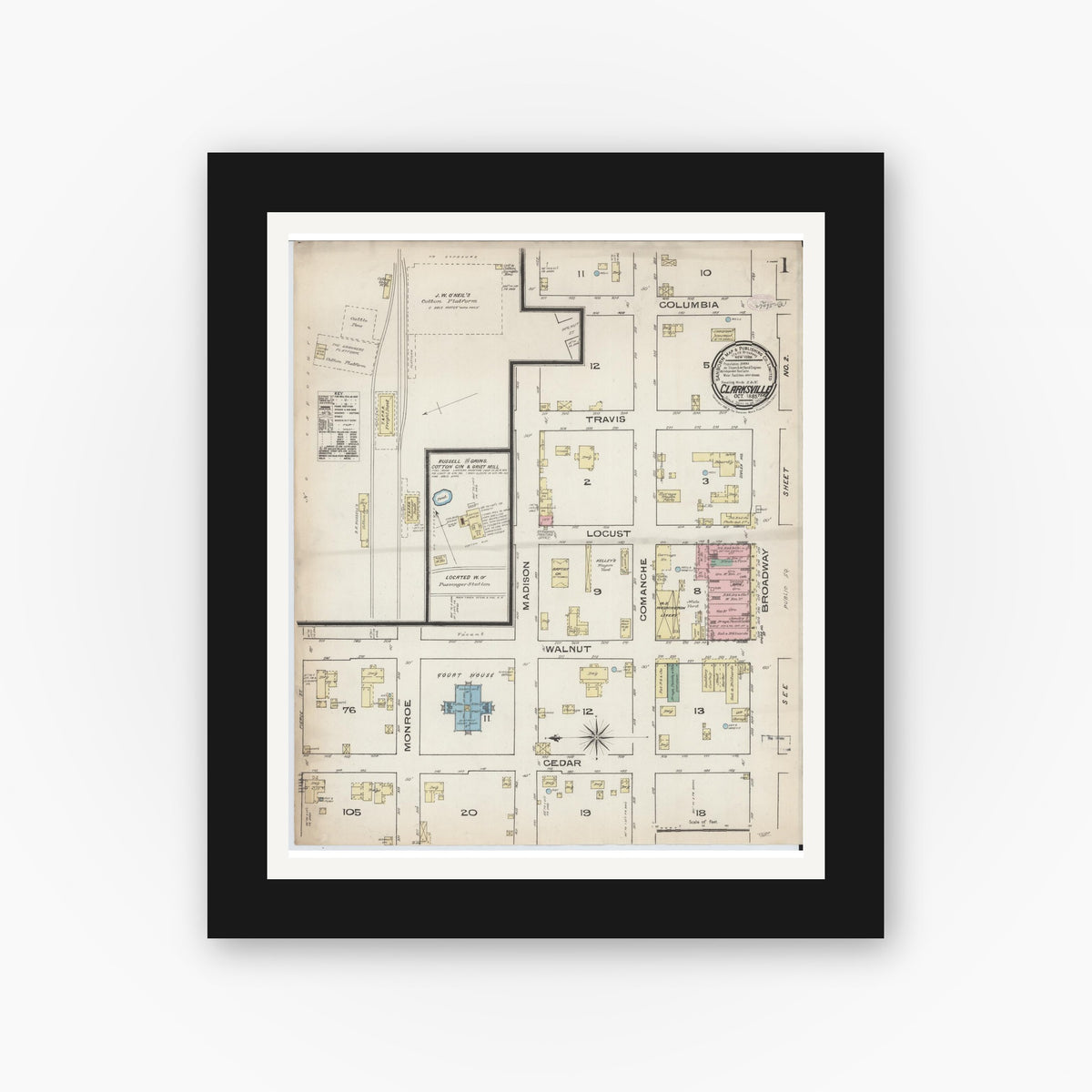 Old map wall art mockup — black gallery frame with white mat — Sanborn Fire Insurance Map from Clarksville, Red River County, Texas (1885) - Complete Map Set