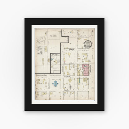 Old map wall art mockup — black gallery frame with white mat — Sanborn Fire Insurance Map from Clarksville, Red River County, Texas (1885) - Complete Map Set