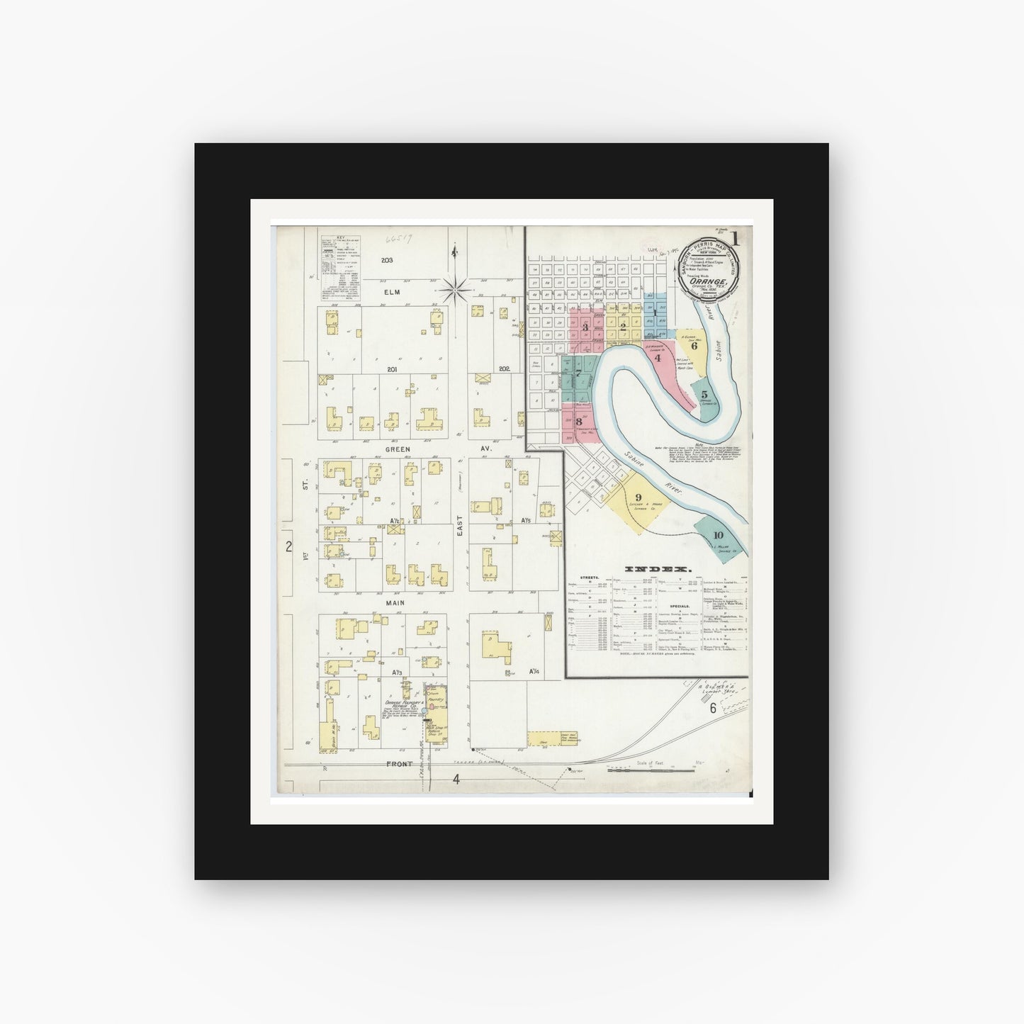 Old map wall art mockup — black gallery frame with white mat — Sanborn Fire Insurance Map from Orange, Orange County, Texas (1896) - Complete Map Set