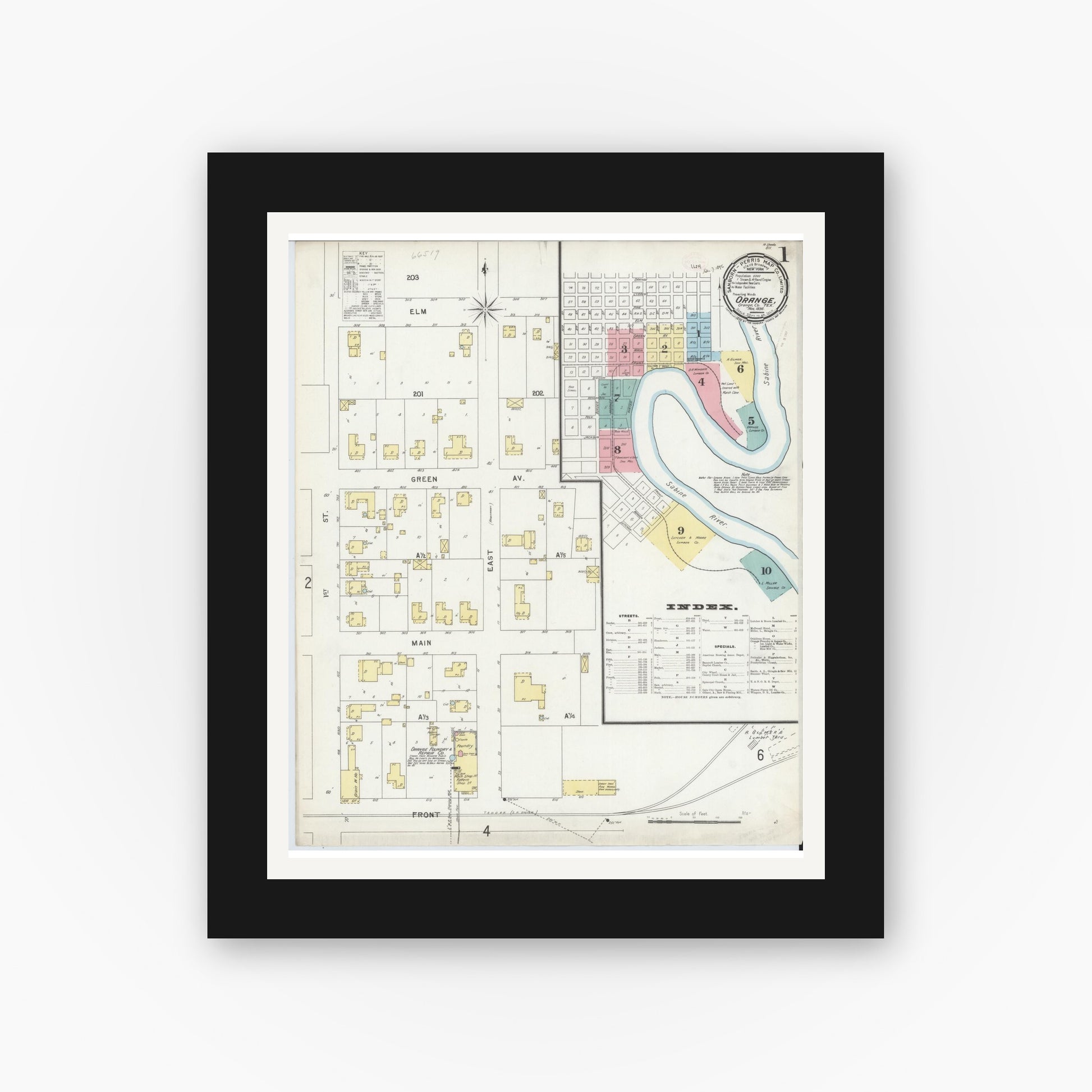Old map wall art mockup — black gallery frame with white mat — Sanborn Fire Insurance Map from Orange, Orange County, Texas (1896) - Complete Map Set