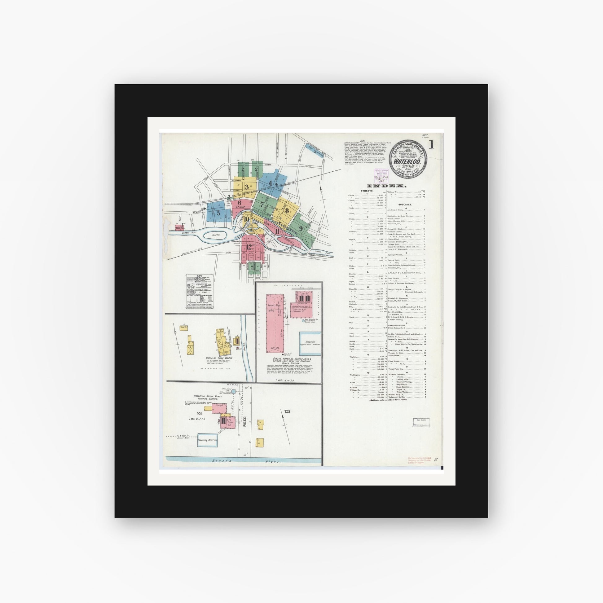 Old map wall art mockup — black gallery frame with white mat — Sanborn Fire Insurance Map from Waterloo, Seneca County, New York (1904) - Complete Map Set