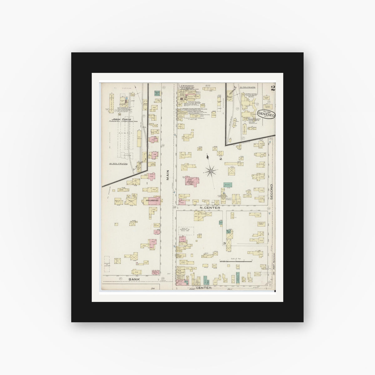 Old map wall art mockup — black gallery frame with white mat — Sanborn Fire Insurance Map from Geneseo, Livingston County, New York (1885), Sheet #0002